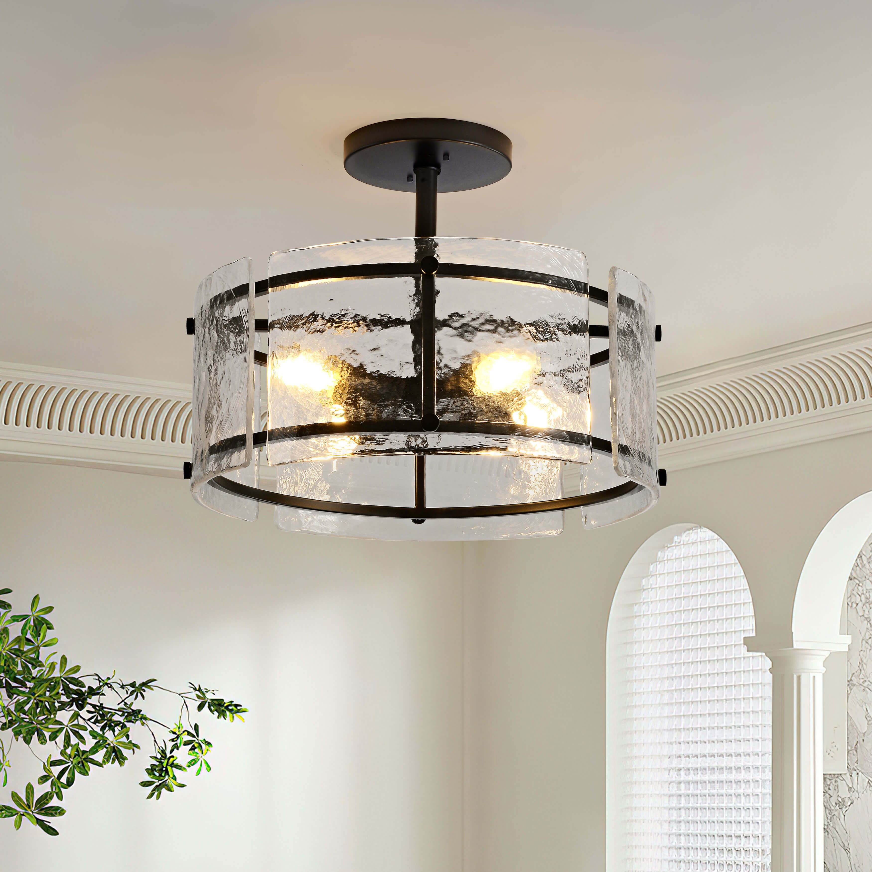Laia Black 4-Light Water Textured Glass Drum Flush Mount LJ-3075-FMC