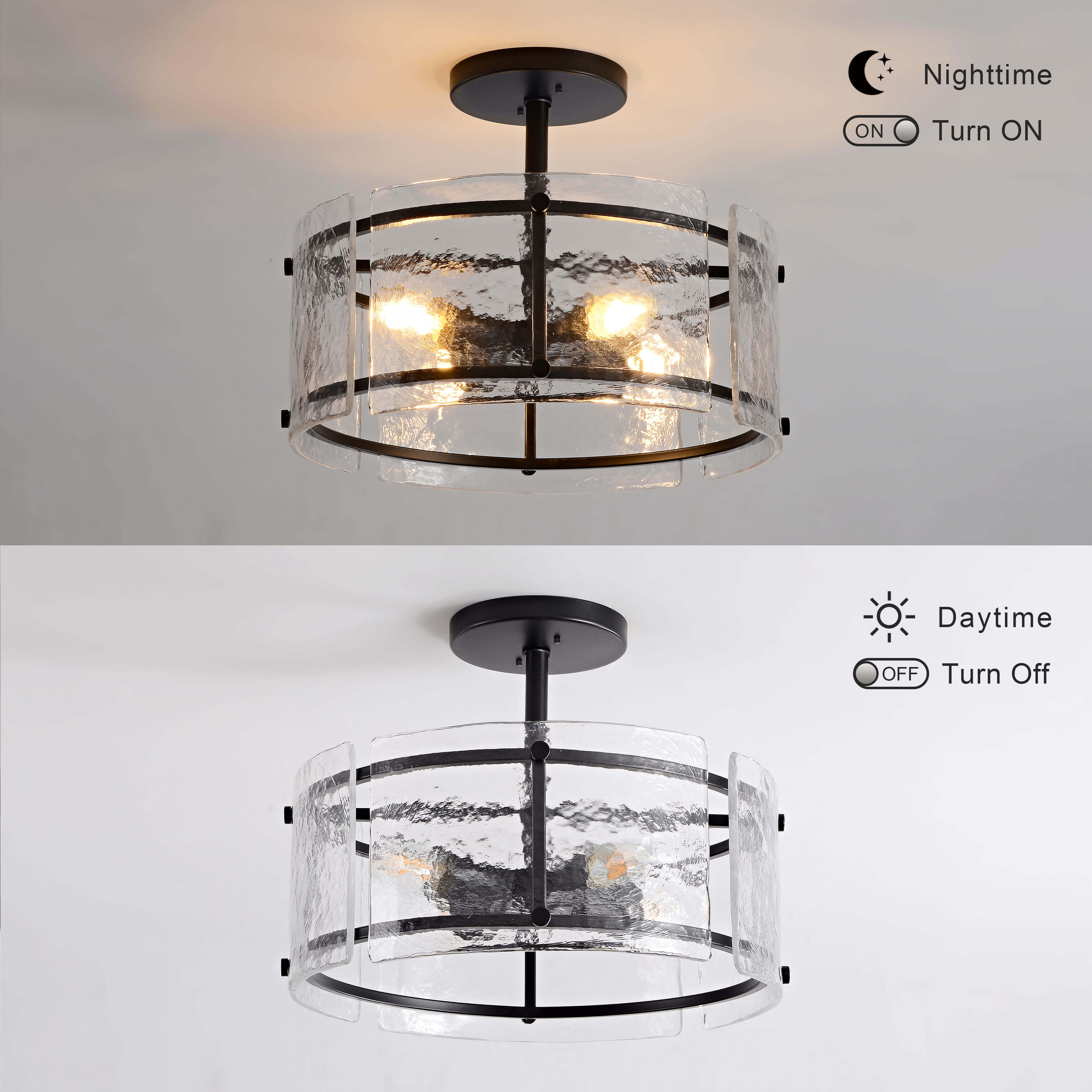 Laia Black 4-Light Water Textured Glass Drum Flush Mount LJ-3075-FMC