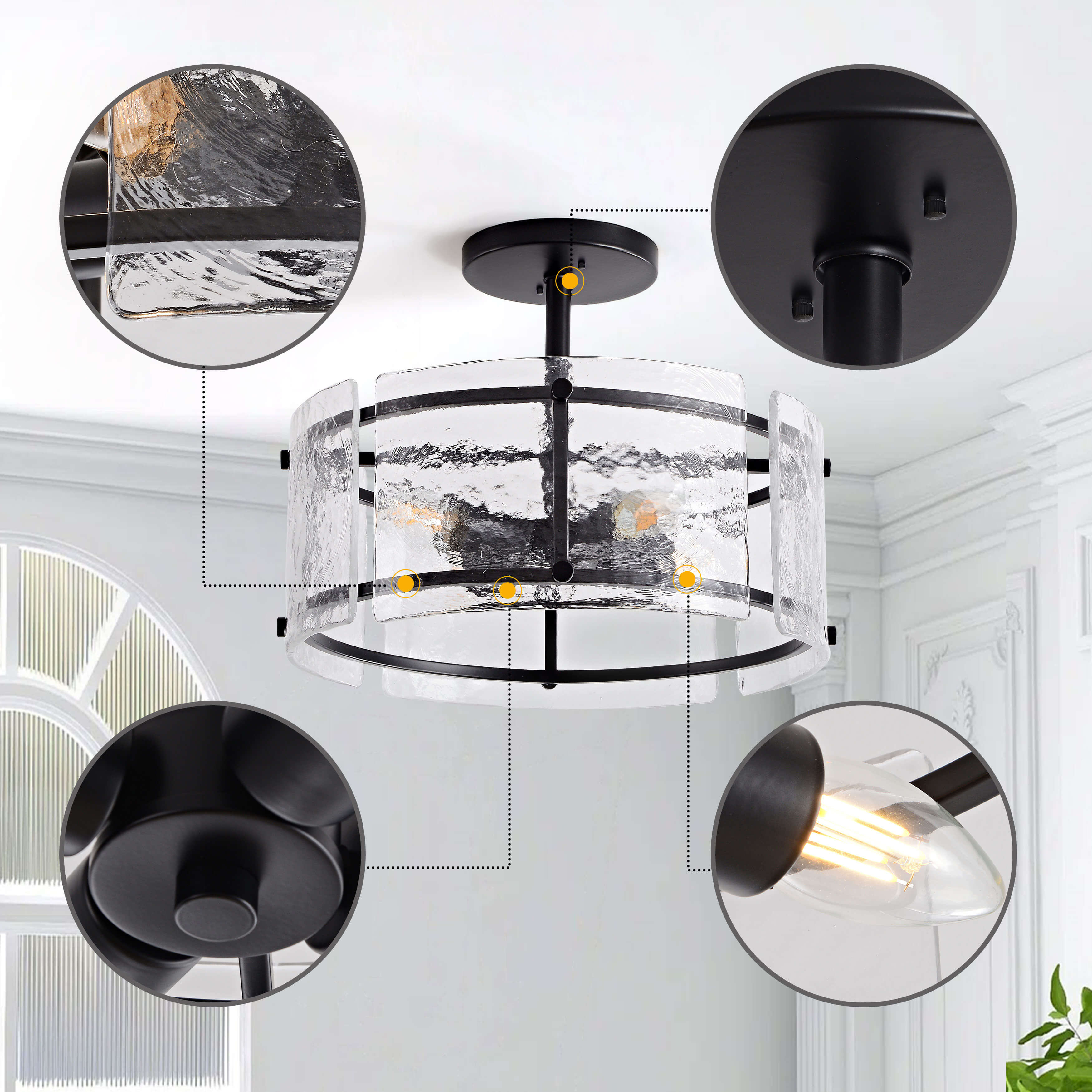 Laia Black 4-Light Water Textured Glass Drum Flush Mount LJ-3075-FMC