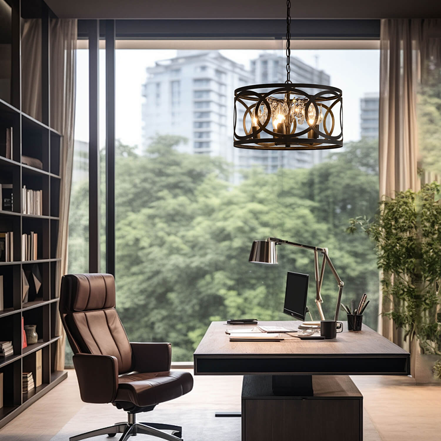 Aurelia 5-light Metal Cage Drum Pendant Chandelier - Antique Black LJ-3561-LES