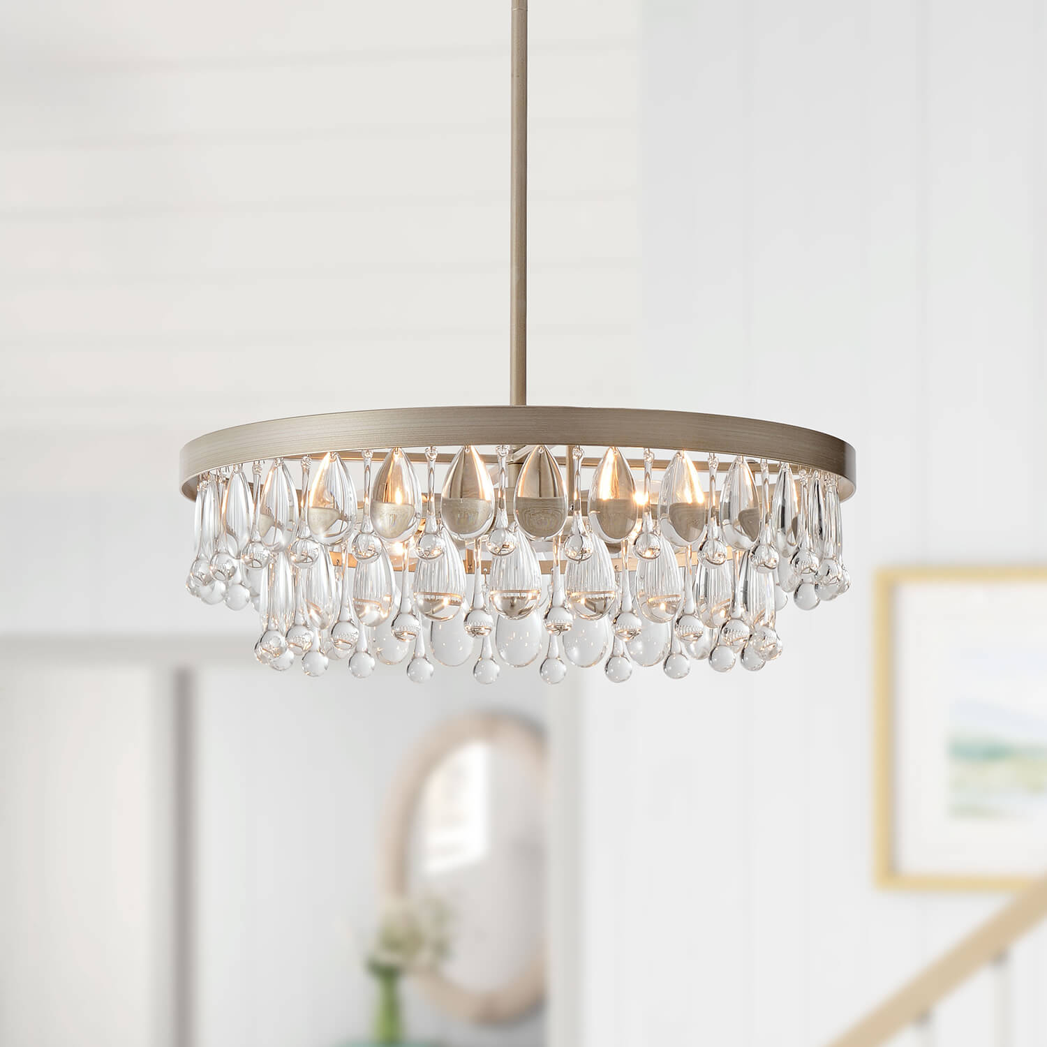 Viviana 4-light Crystal Teardrop Round Chandelier - Brushed Champagne Silver LJ-3631-YMSC Viviana 4-light Crystal Teardrop Round Chandelier - Brushed Champagne Silver LJ-3631-YMSC