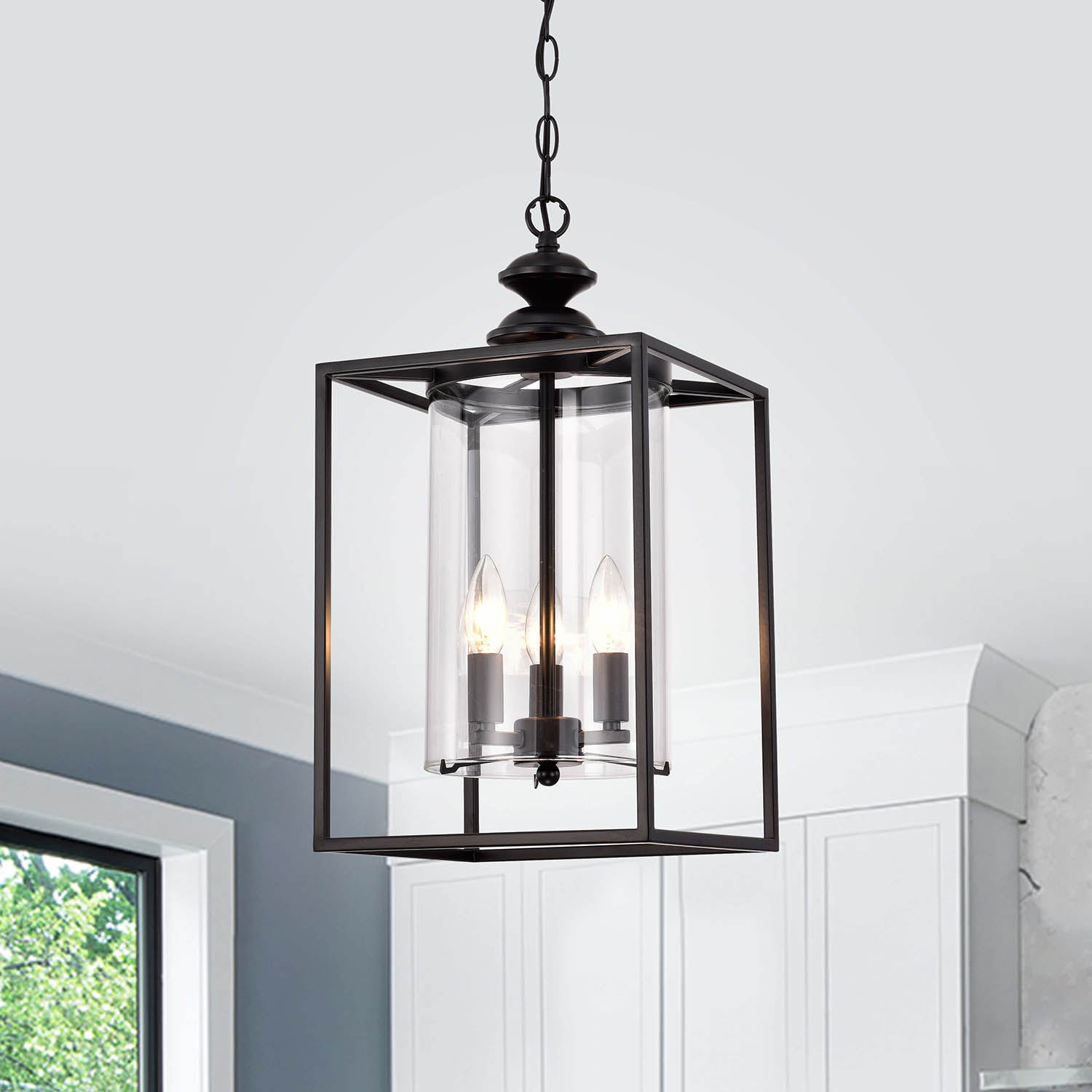 Marta Antique Black 3-light Glass and Metal Lantern Pendant Chandelier LJ-3633-ENB