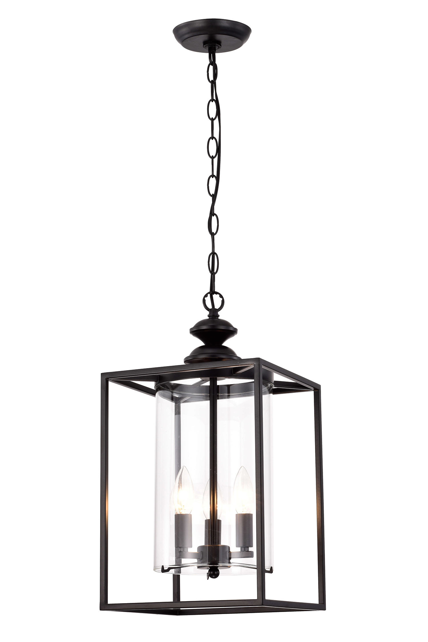 Marta Antique Black 3-light Glass and Metal Lantern Pendant Chandelier LJ-3633-ENB