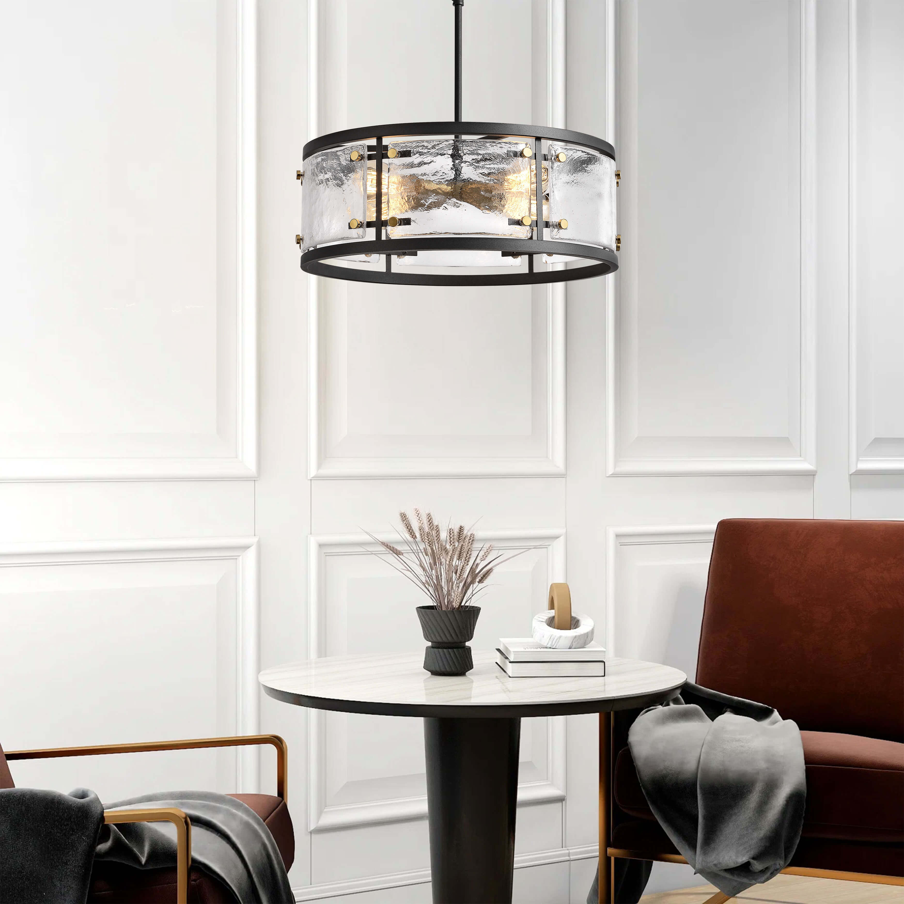 Blanca Black 5-light Water Textured Glass Drum Pendant Chandelier LJ-3835-TBB