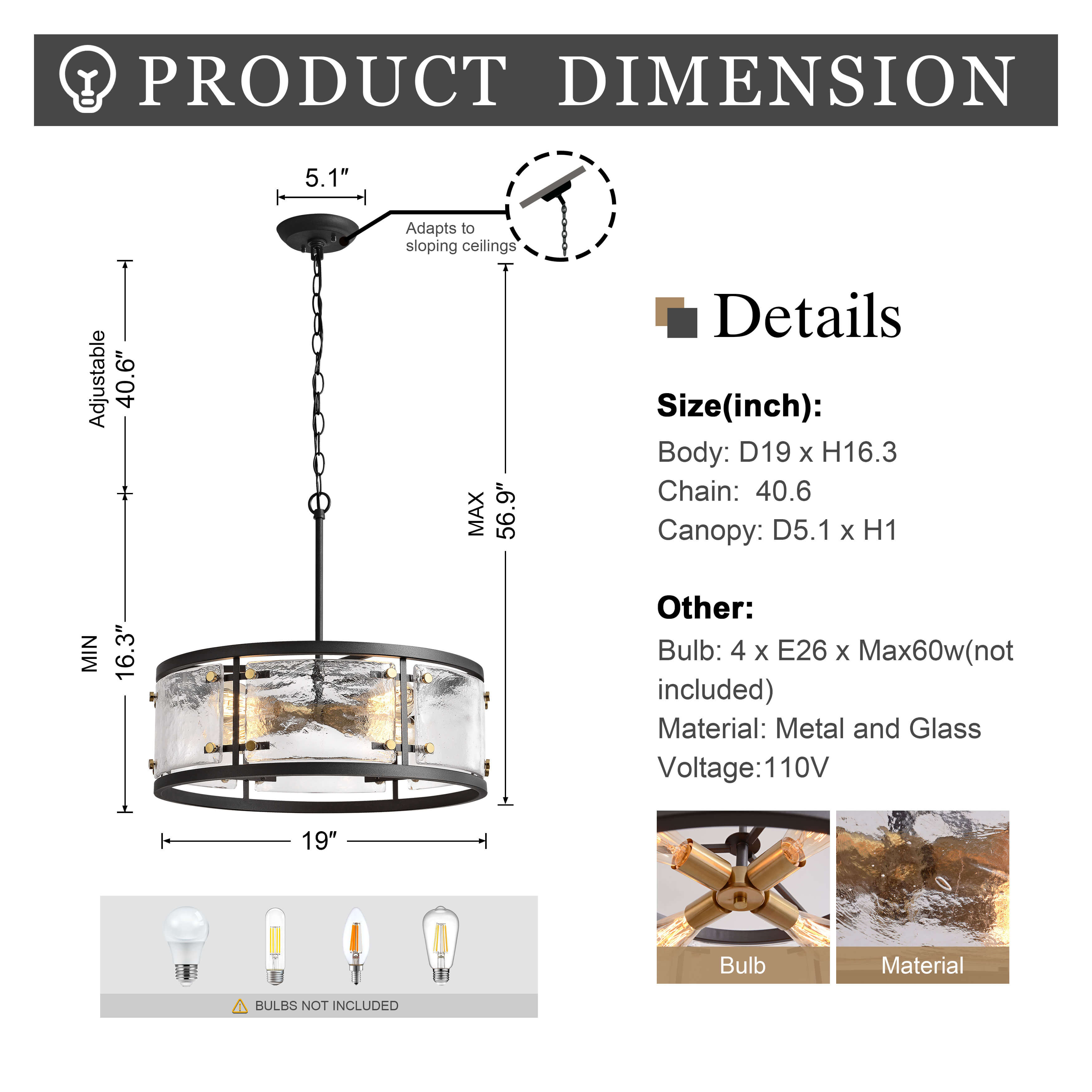 Blanca Black 5-light Water Textured Glass Drum Pendant Chandelier LJ-3835-TBB
