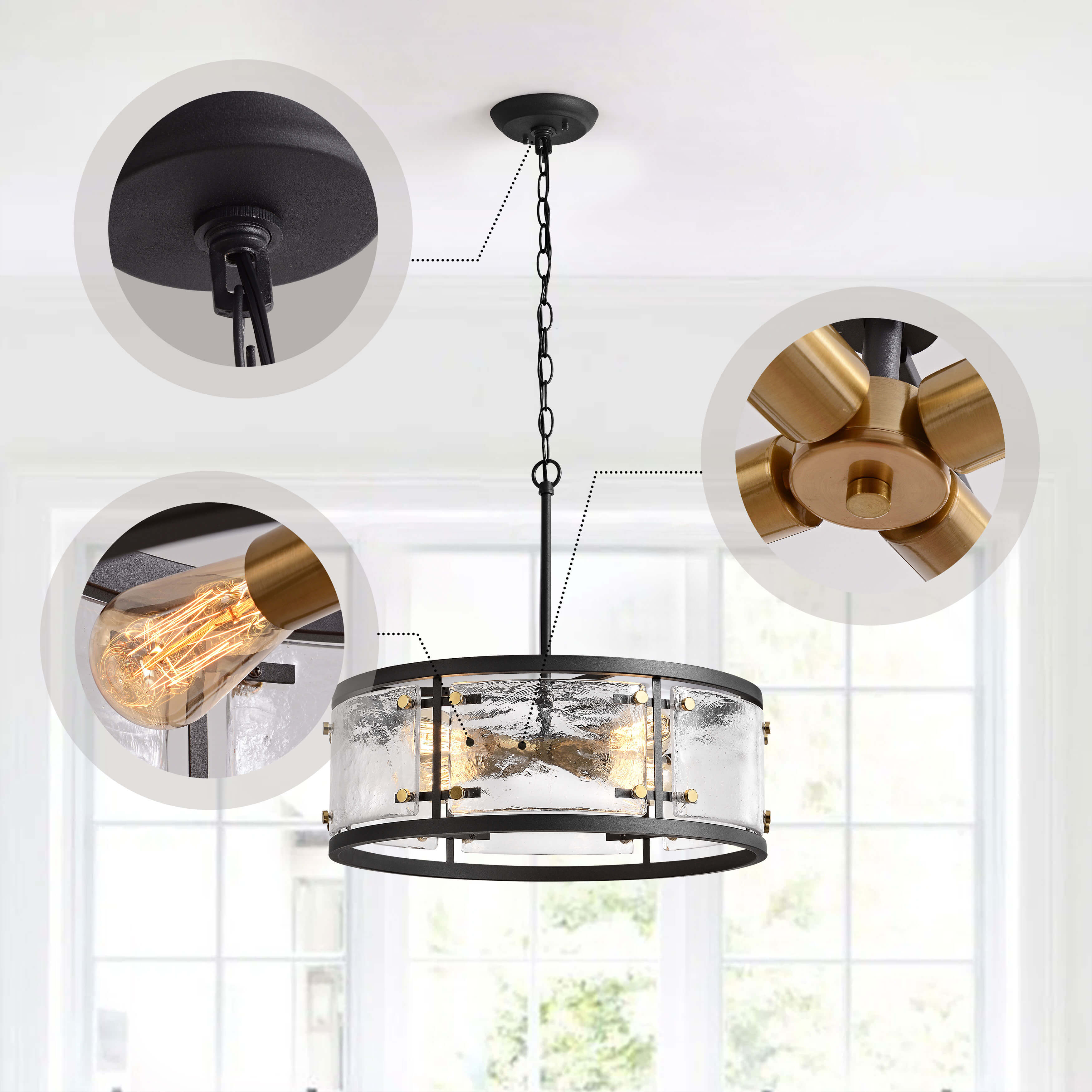 Blanca Black 5-light Water Textured Glass Drum Pendant Chandelier LJ-3835-TBB