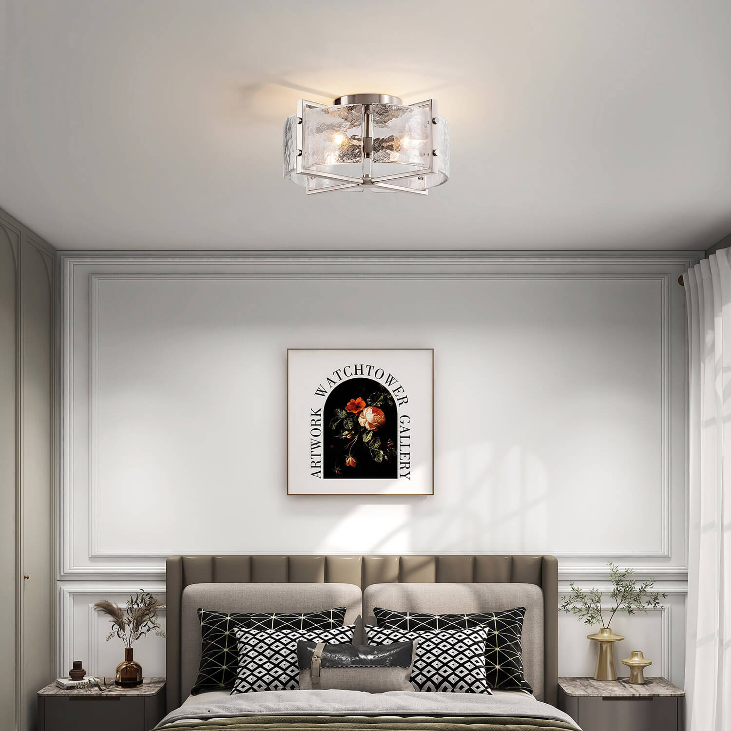 Laia 4-Light Metal Frame Textured Glass Panels Flush Mount-Antique Nickel LJ-3857-AYB