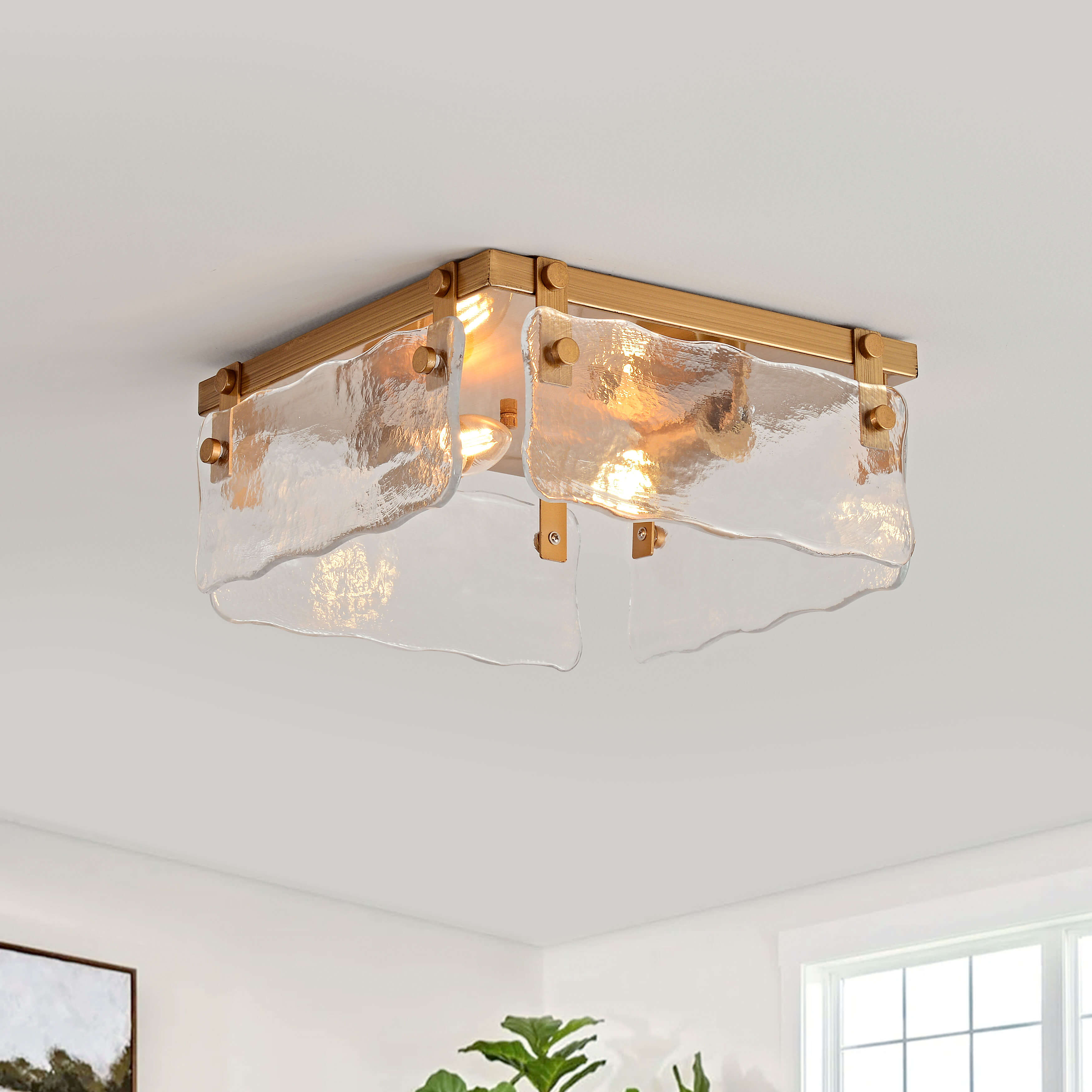 Laia 11.8" 2-light Hand Crafted Glass Square Flush Mount - Brushed Brass LJ-3969-LWET Laia 11.8" 2-light Hand Crafted Glass Square Flush Mount - Brushed Brass LJ-3969-LWET
