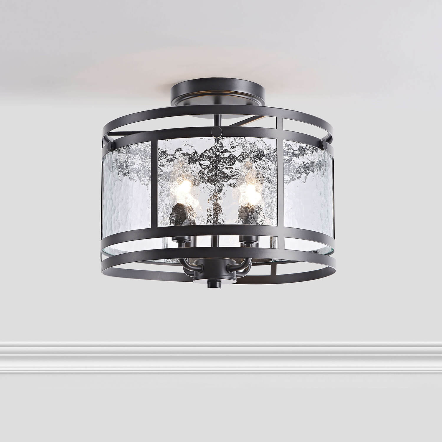 Laia 14.5" 4-light Water Textured Curved Glass Drum Round Flush Mount - Black LJ-4004-UZX
