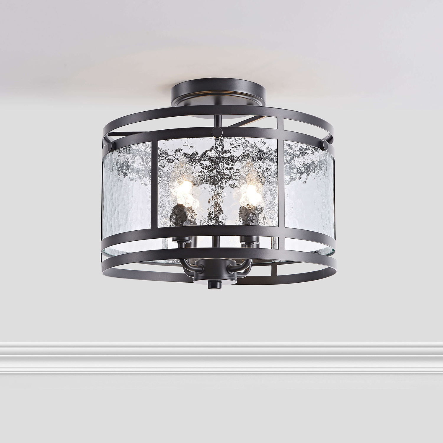 Laia 14.5" 4-light Water Textured Curved Glass Drum Round Flush Mount - Black LJ-4004-UZX