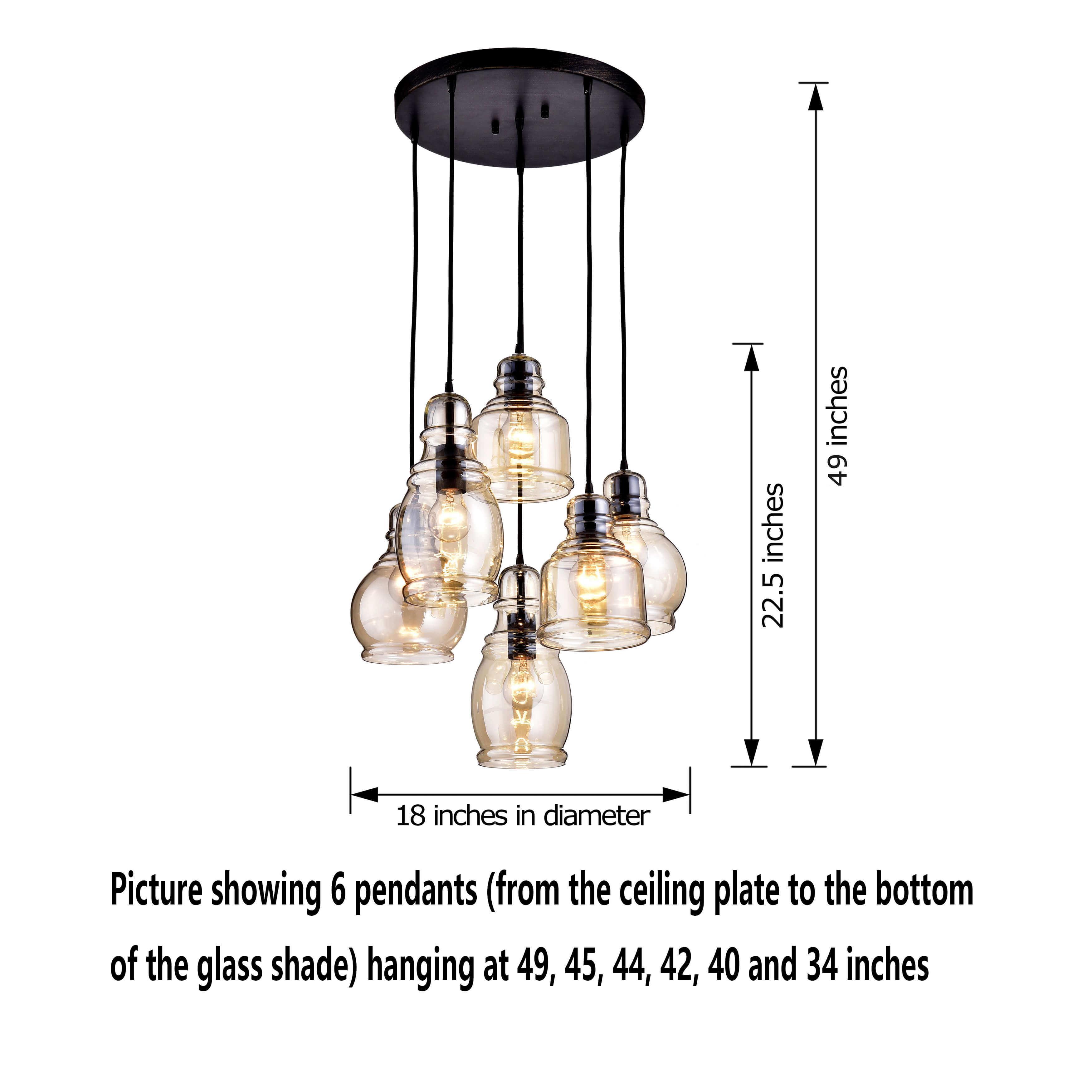 Mariana Antique Black Cognac Glass 6-light Cluster Pendant Chandelier with Round Base LJ-4097-UHK