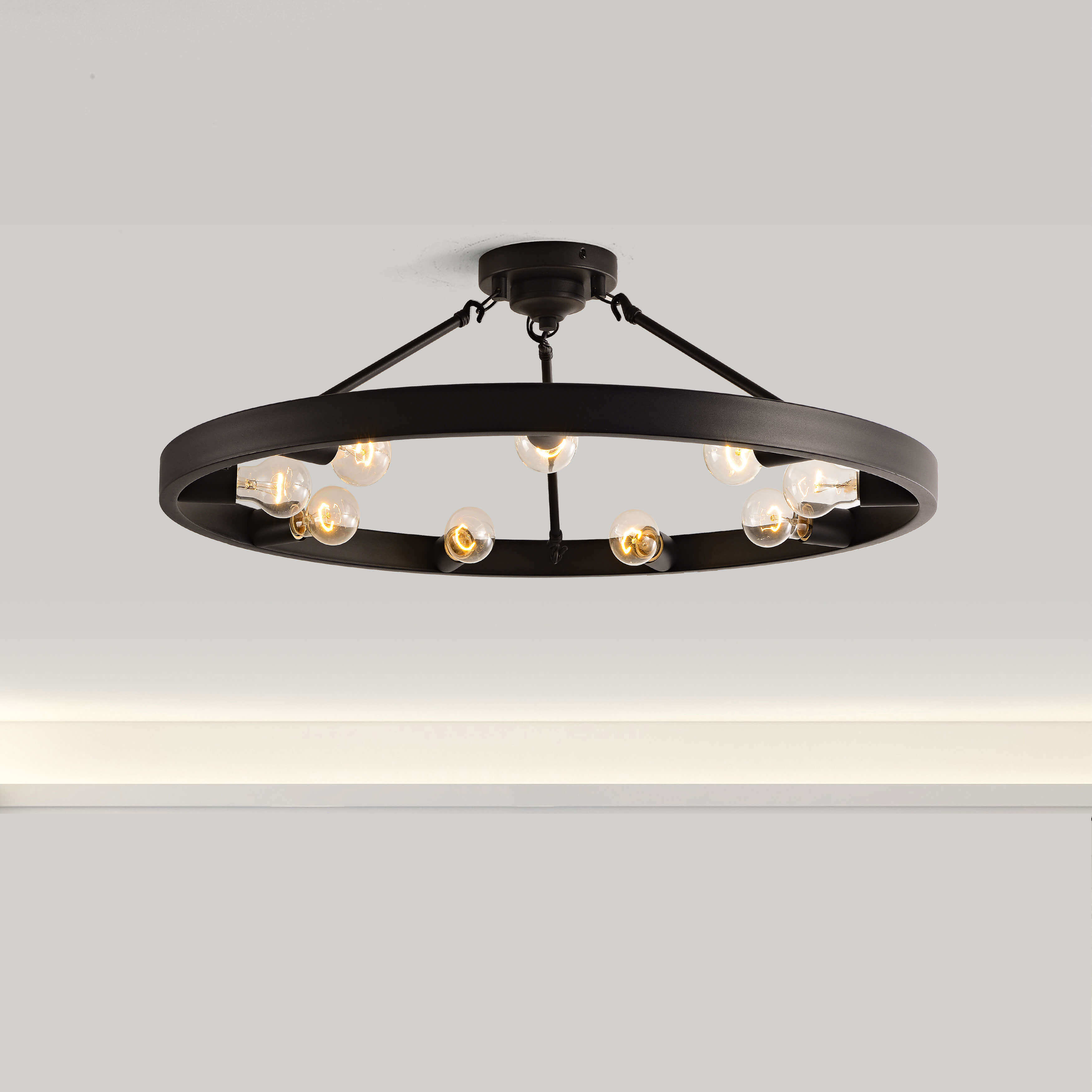 Abigail Vintage 32" Wagon Wheel 9-light Ring Semi-Flush Mount - Black LJ-4236-FEK