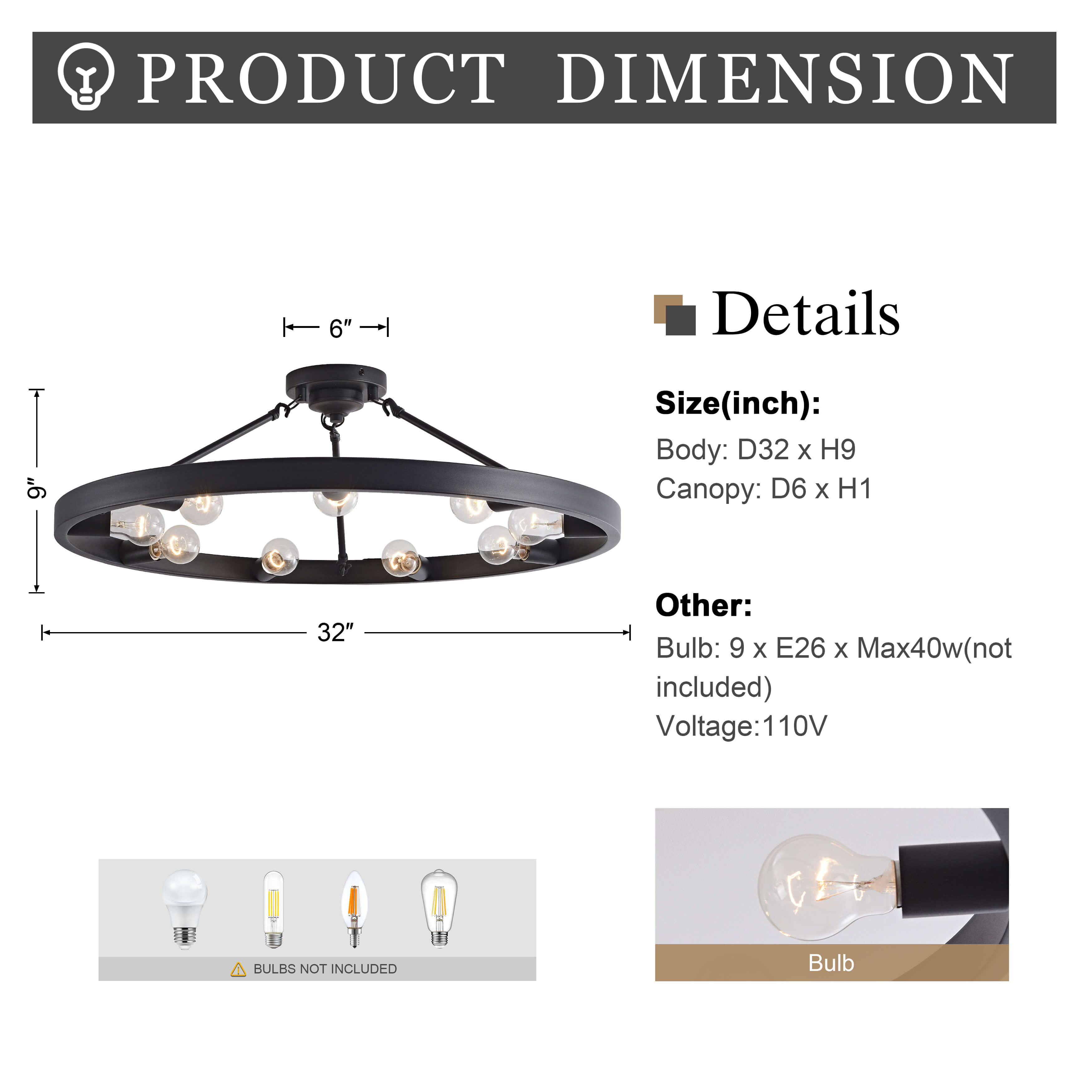 Abigail Vintage 32" Wagon Wheel 9-light Ring Semi-Flush Mount - Black LJ-4236-FEK