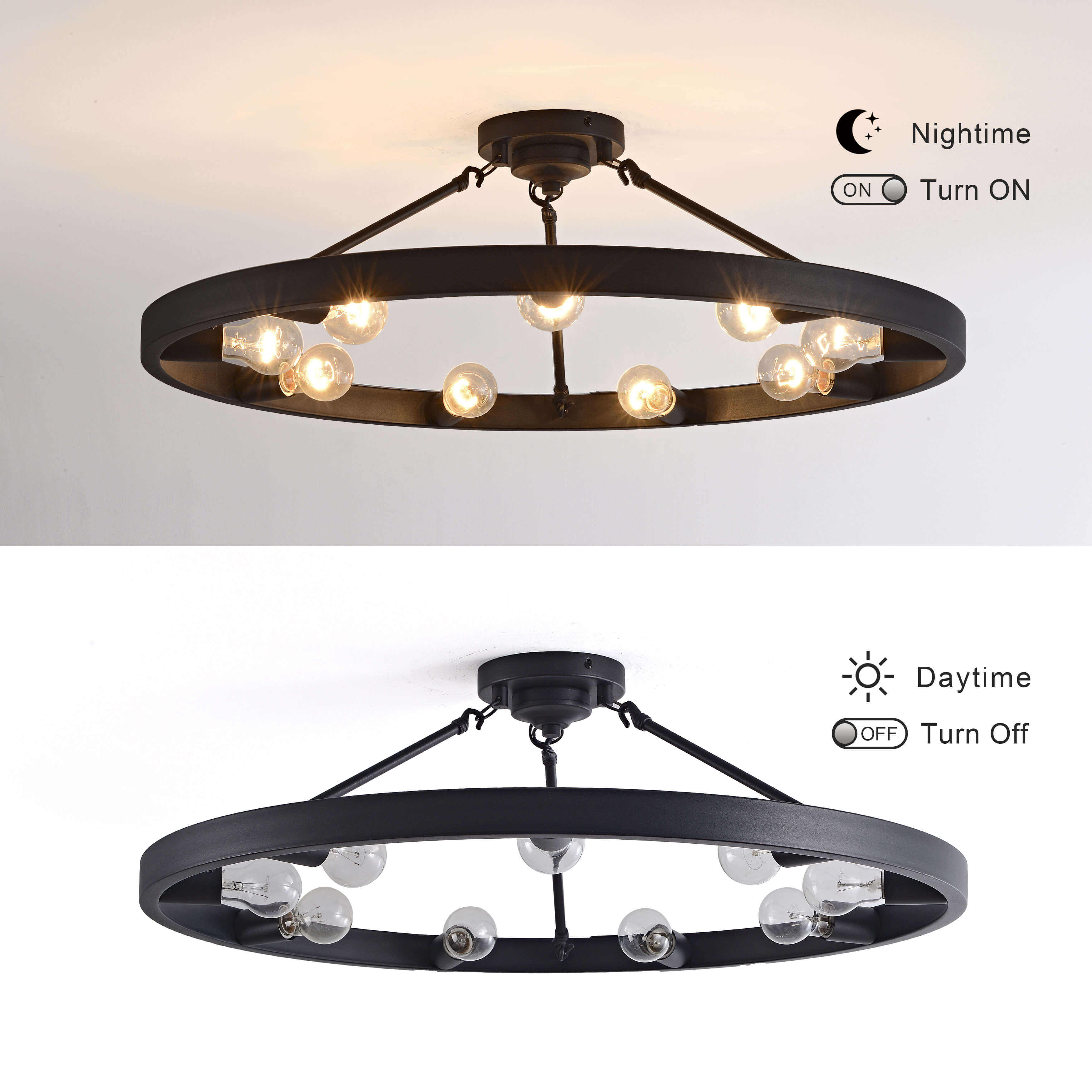Abigail Vintage 32" Wagon Wheel 9-light Ring Semi-Flush Mount - Black LJ-4236-FEK