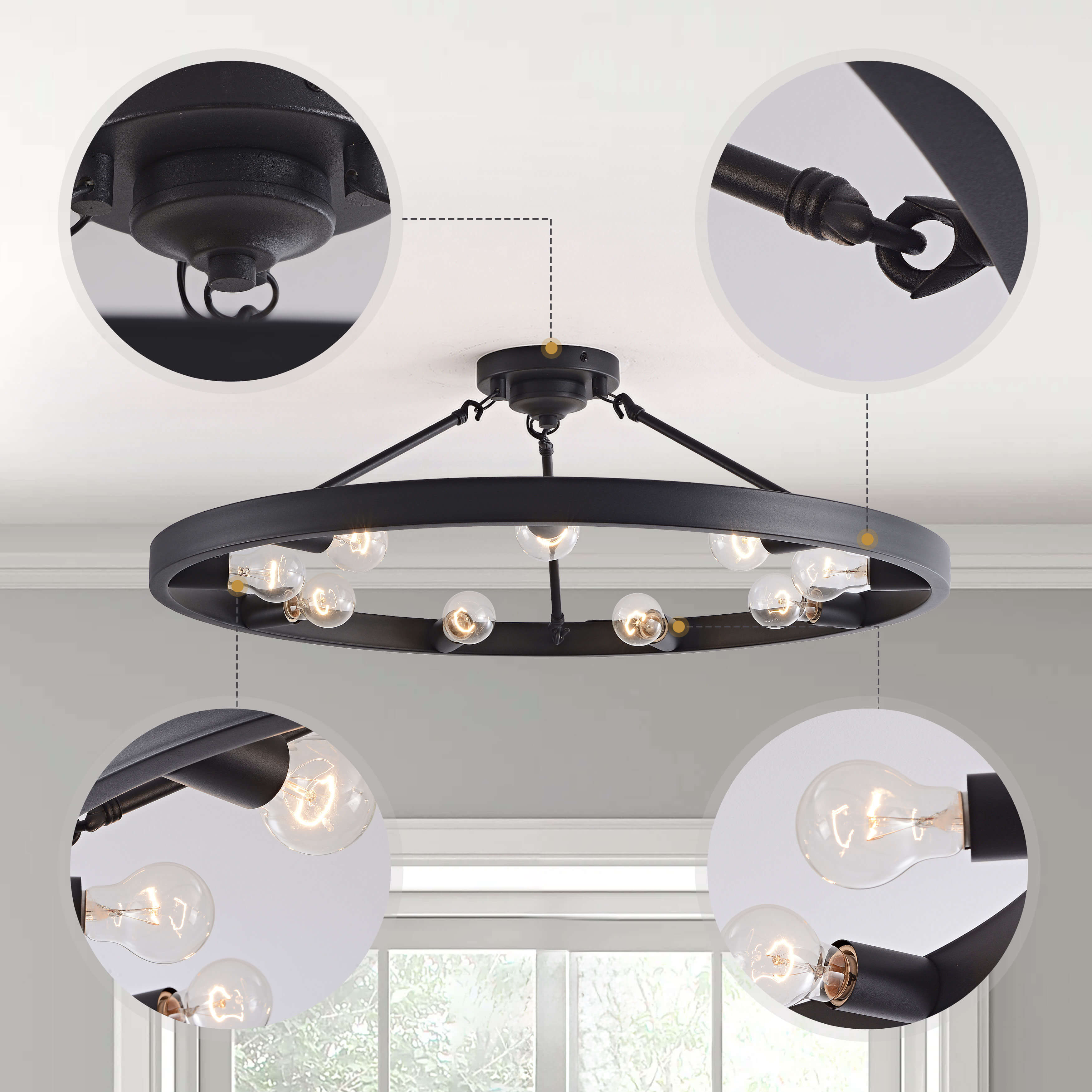 Abigail Vintage 32" Wagon Wheel 9-light Ring Semi-Flush Mount - Black LJ-4236-FEK