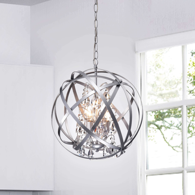 Benita Matte Silver 4-Light Metal Globe Crystal Chandelier LJ-5540-SEJ