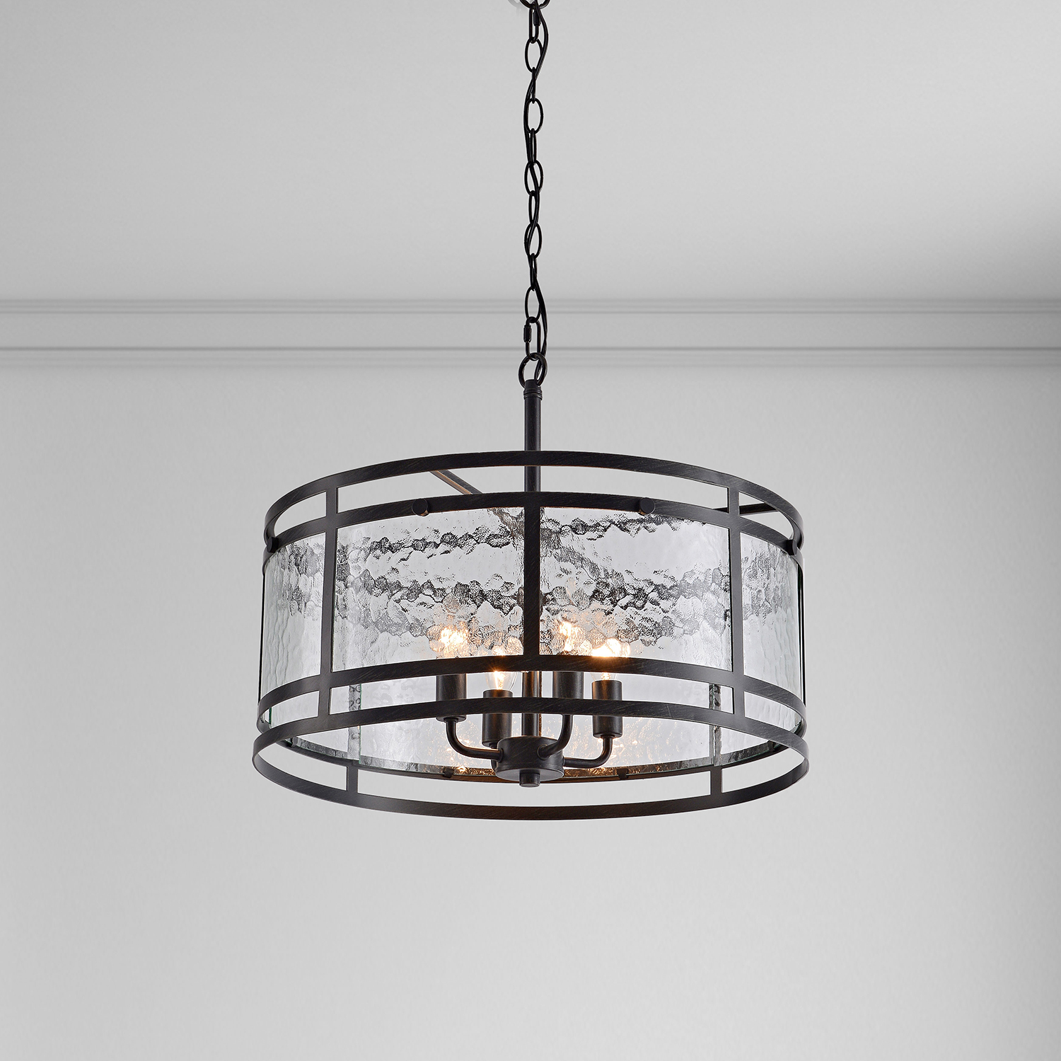 Laia 20" 4-light Water Textured Curved Glass Drum Round Chandelier - Black LJ-5552-ATS