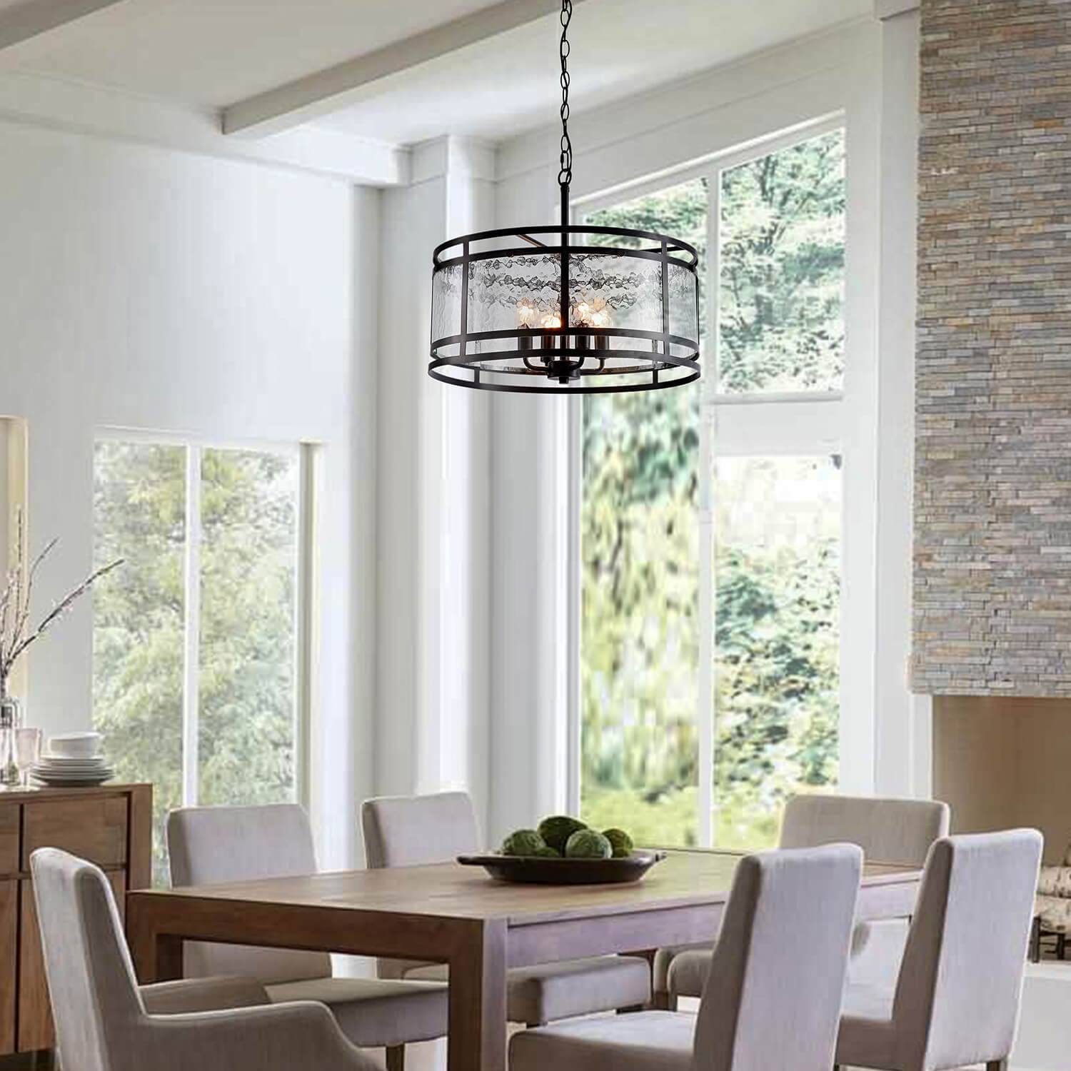 Laia 20" 4-light Water Textured Curved Glass Drum Round Chandelier - Black LJ-5552-ATS