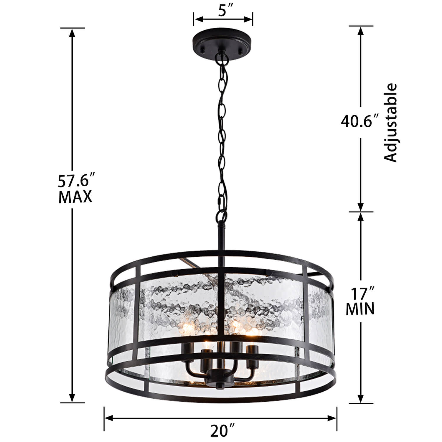 Laia 20" 4-light Water Textured Curved Glass Drum Round Chandelier - Black LJ-5552-ATS