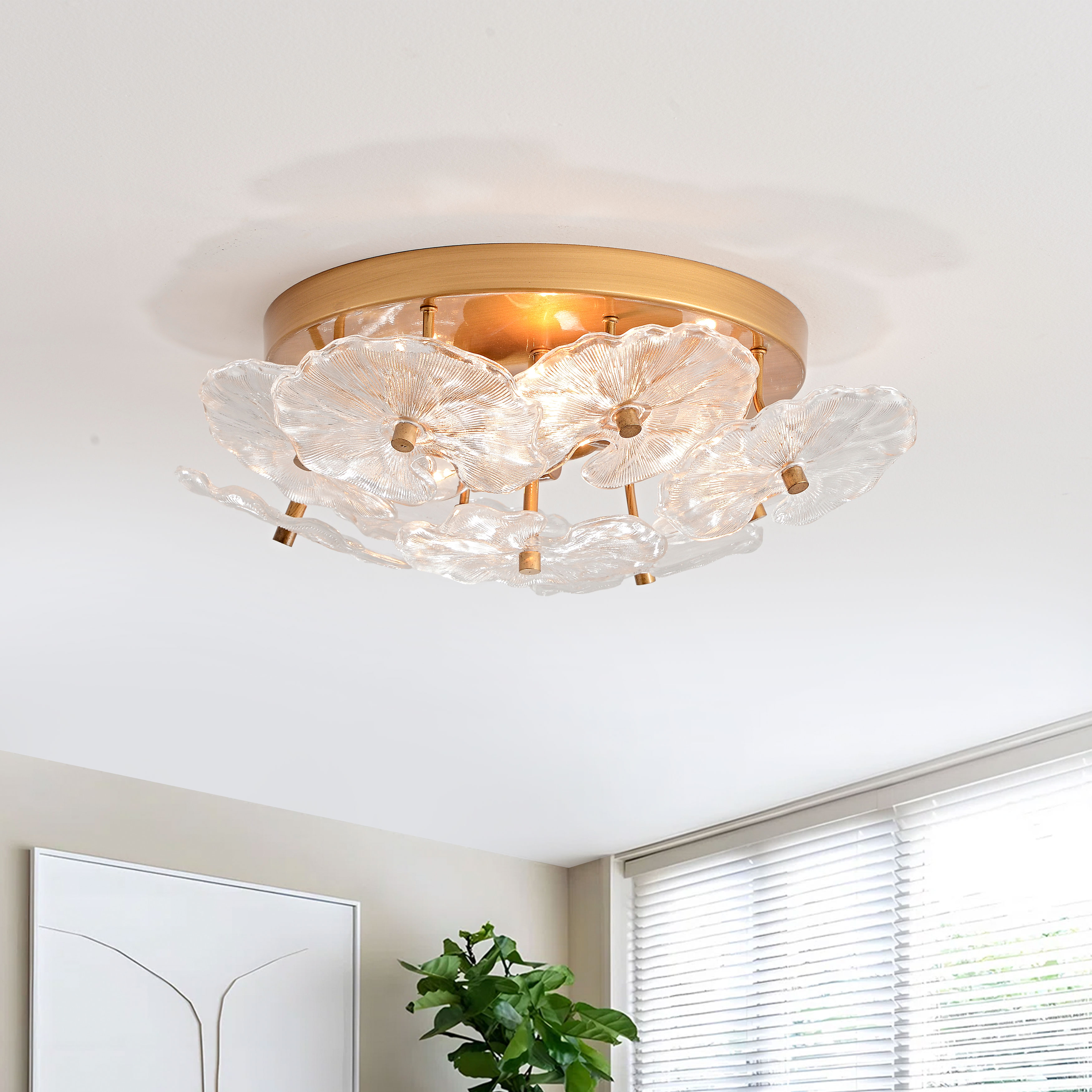 Jojospring Frieda Modern 3-Light 16" Brushed Brass Clear Glass Flower Flush Mount LJ-5685-JWVP Jojospring Frieda Modern 3-Light 16" Brushed Brass Clear Glass Flower Flush Mount LJ-5685-JWVP