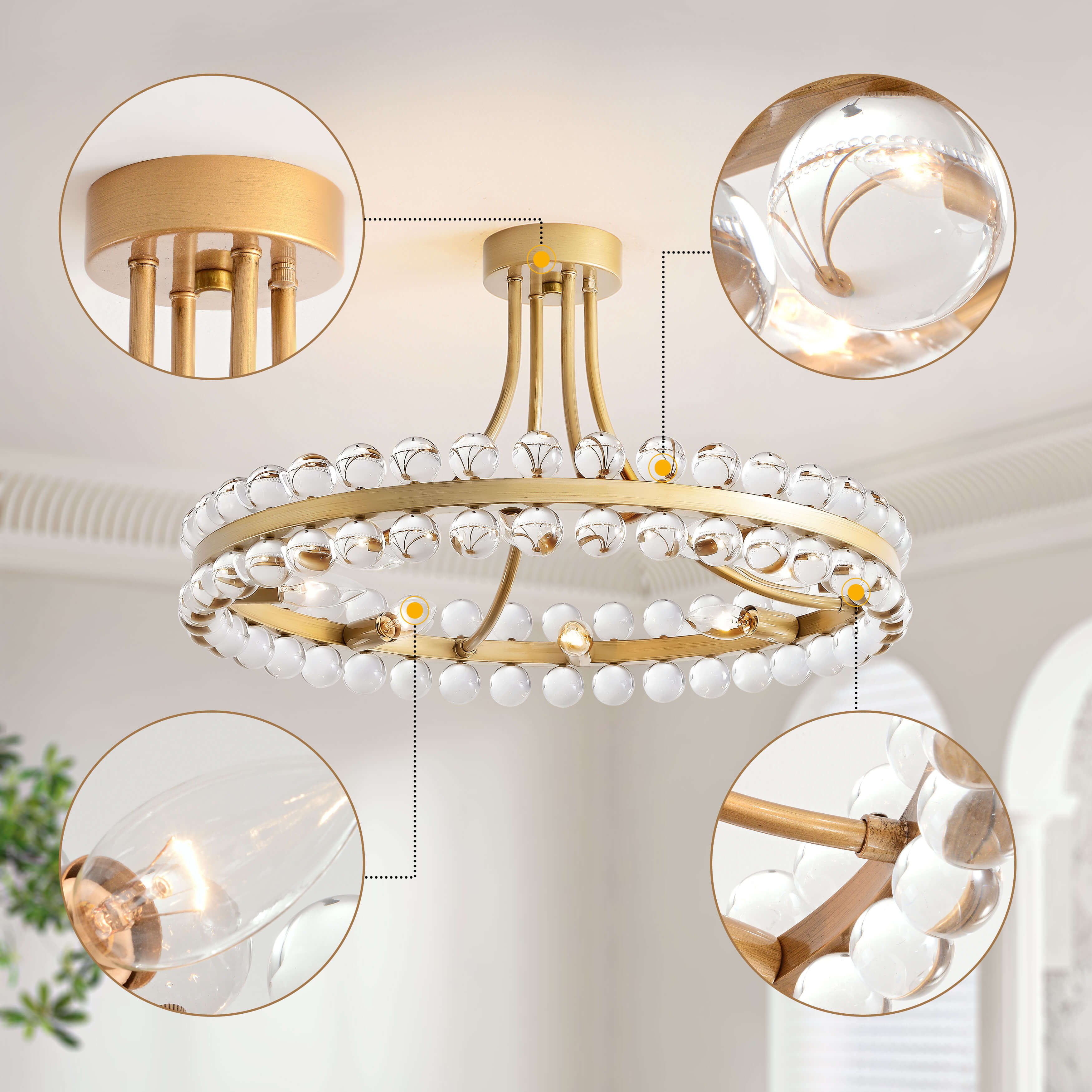 Abigail 8-Light Brushed Brass Wagon Wheel Crystal Semi-Flush Mount LJ-6013-AHX