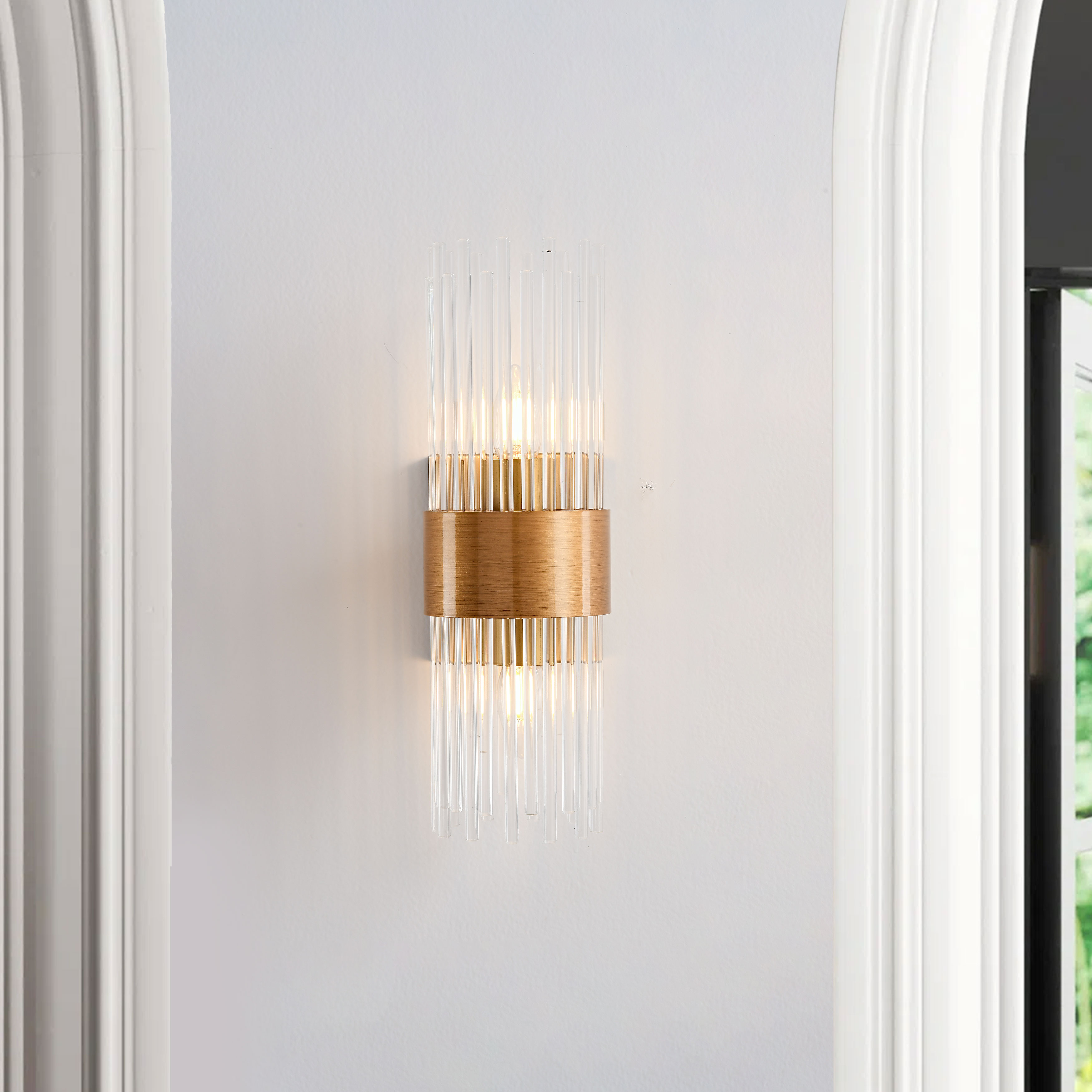 Jojospring Casandra 2-Light Brushed Brass Clear Crystal Glass Bar Wall Sconce LJ-6094-VRWZ Jojospring Casandra 2-Light Brushed Brass Clear Crystal Glass Bar Wall Sconce LJ-6094-VRWZ