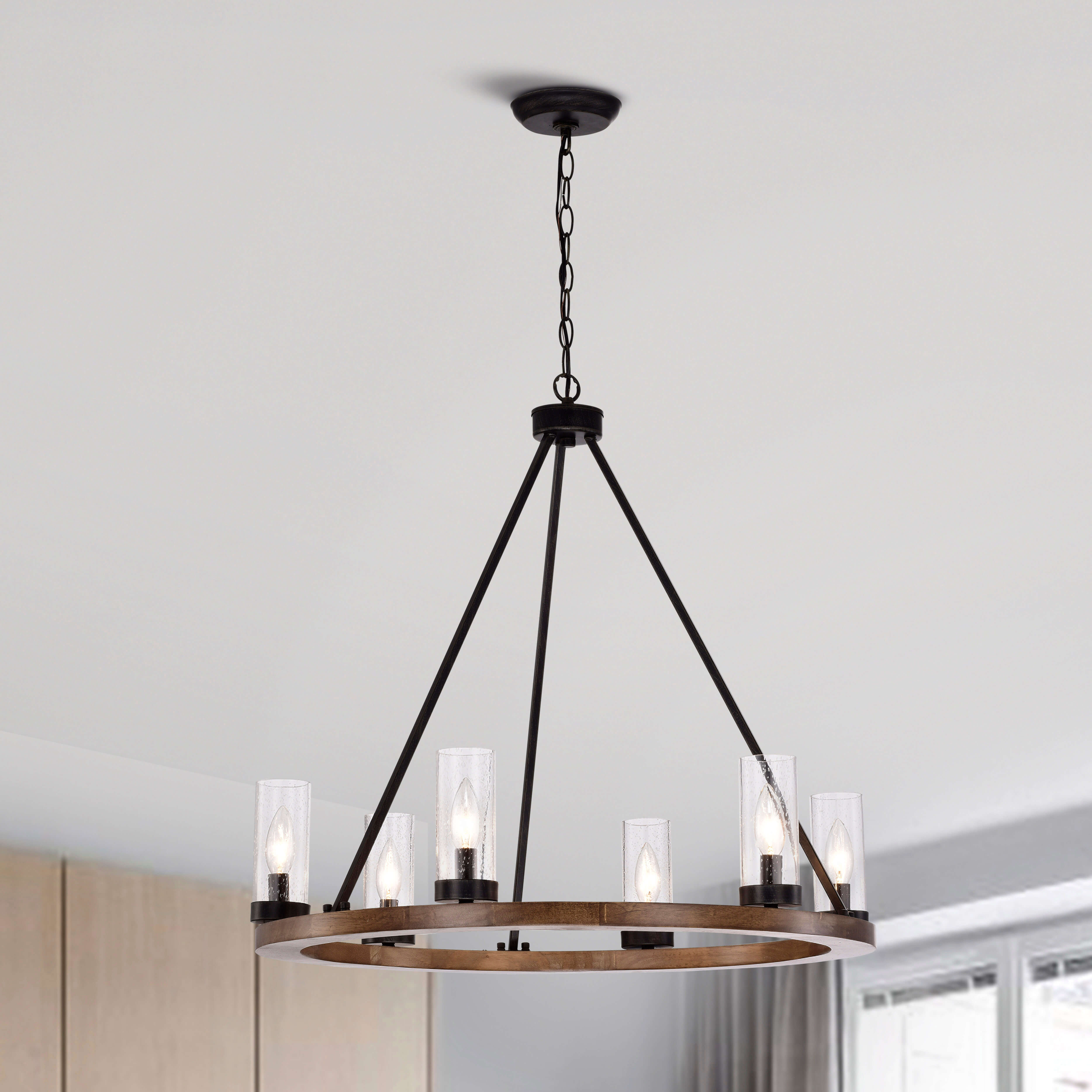 Daniela Natural Wood and Antique Black Metal Bubble Glass Chandelier LJ-6311-PRL