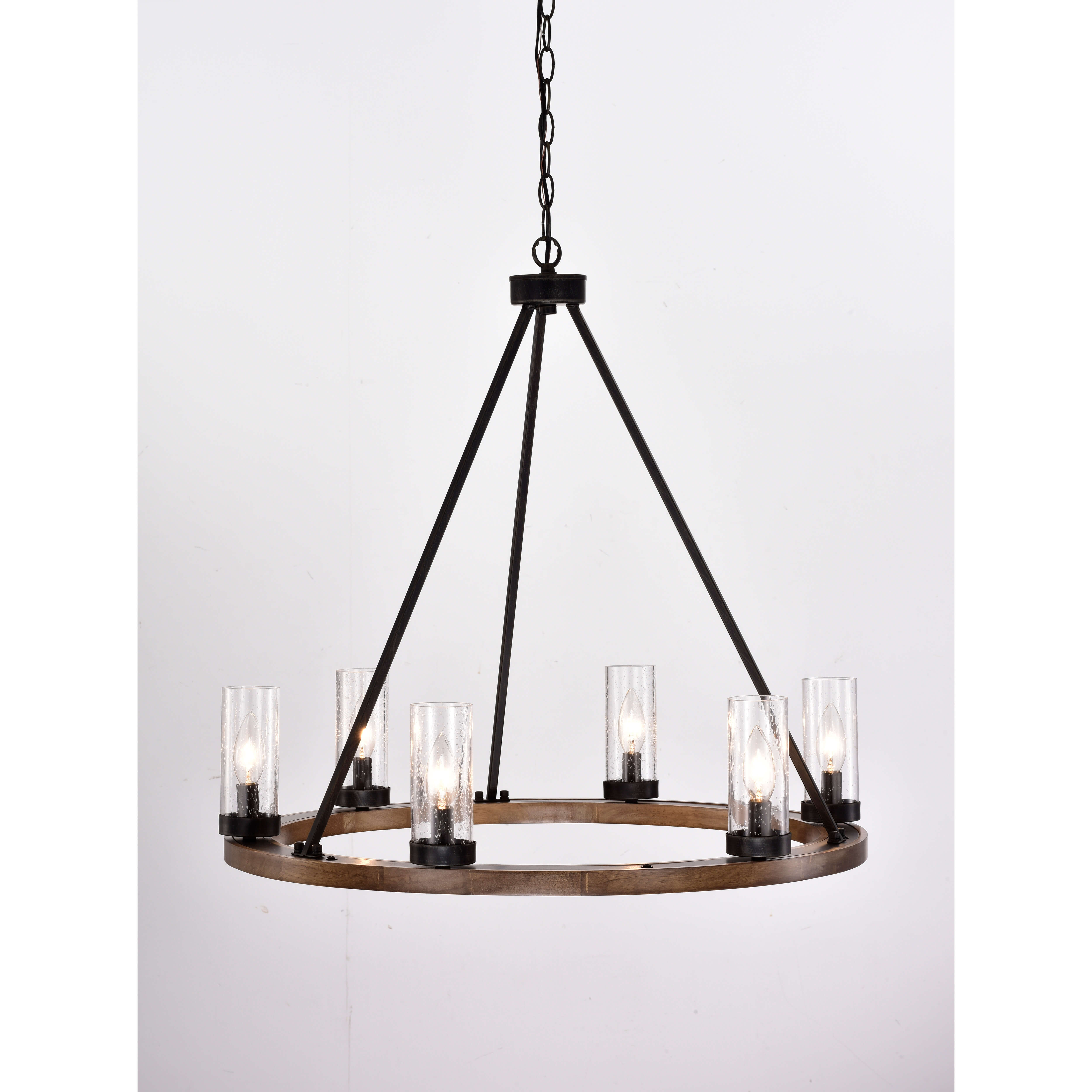 Daniela Natural Wood and Antique Black Metal Bubble Glass Chandelier LJ-6311-PRL