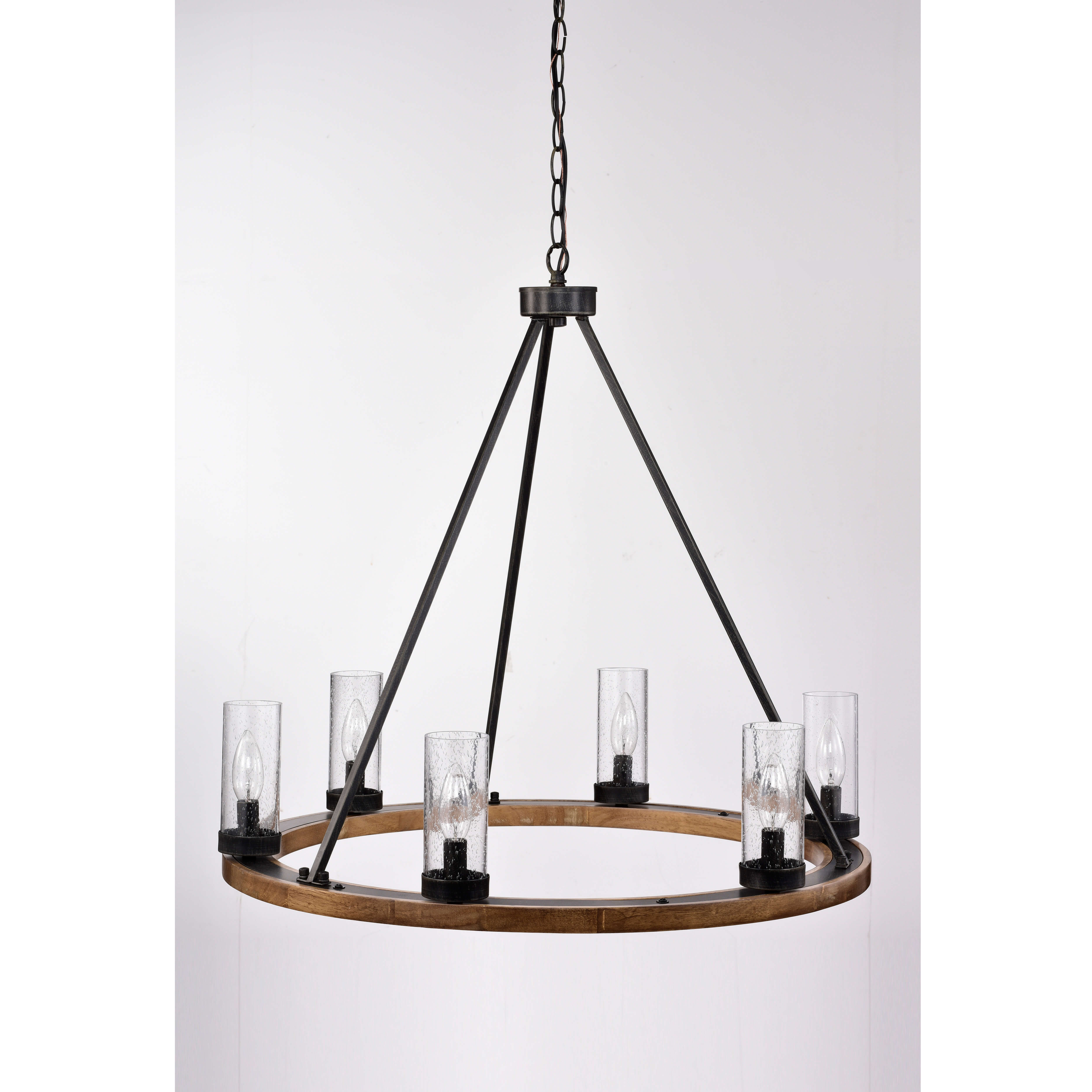 Daniela Natural Wood and Antique Black Metal Bubble Glass Chandelier LJ-6311-PRL