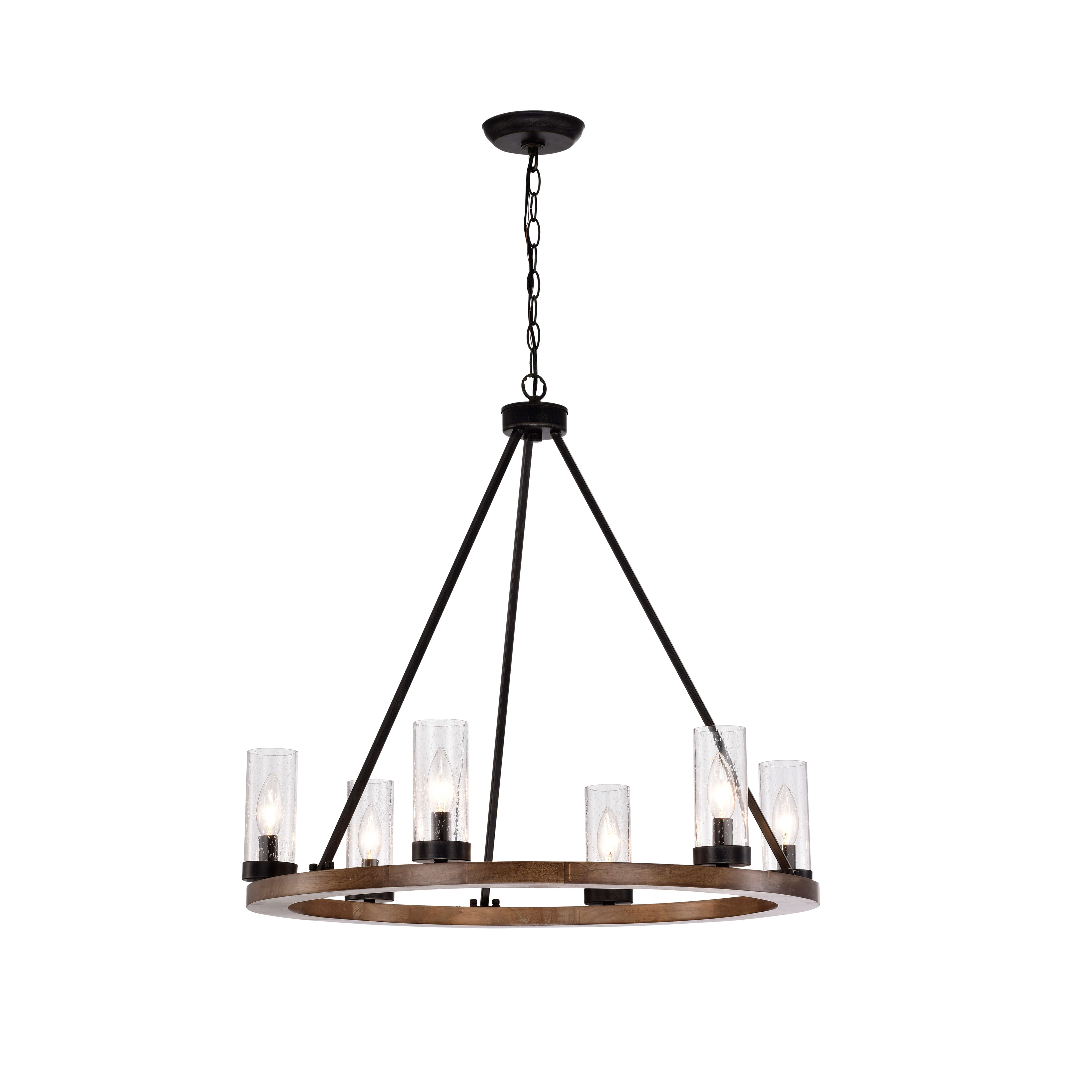 Daniela Natural Wood and Antique Black Metal Bubble Glass Chandelier LJ-6311-PRL