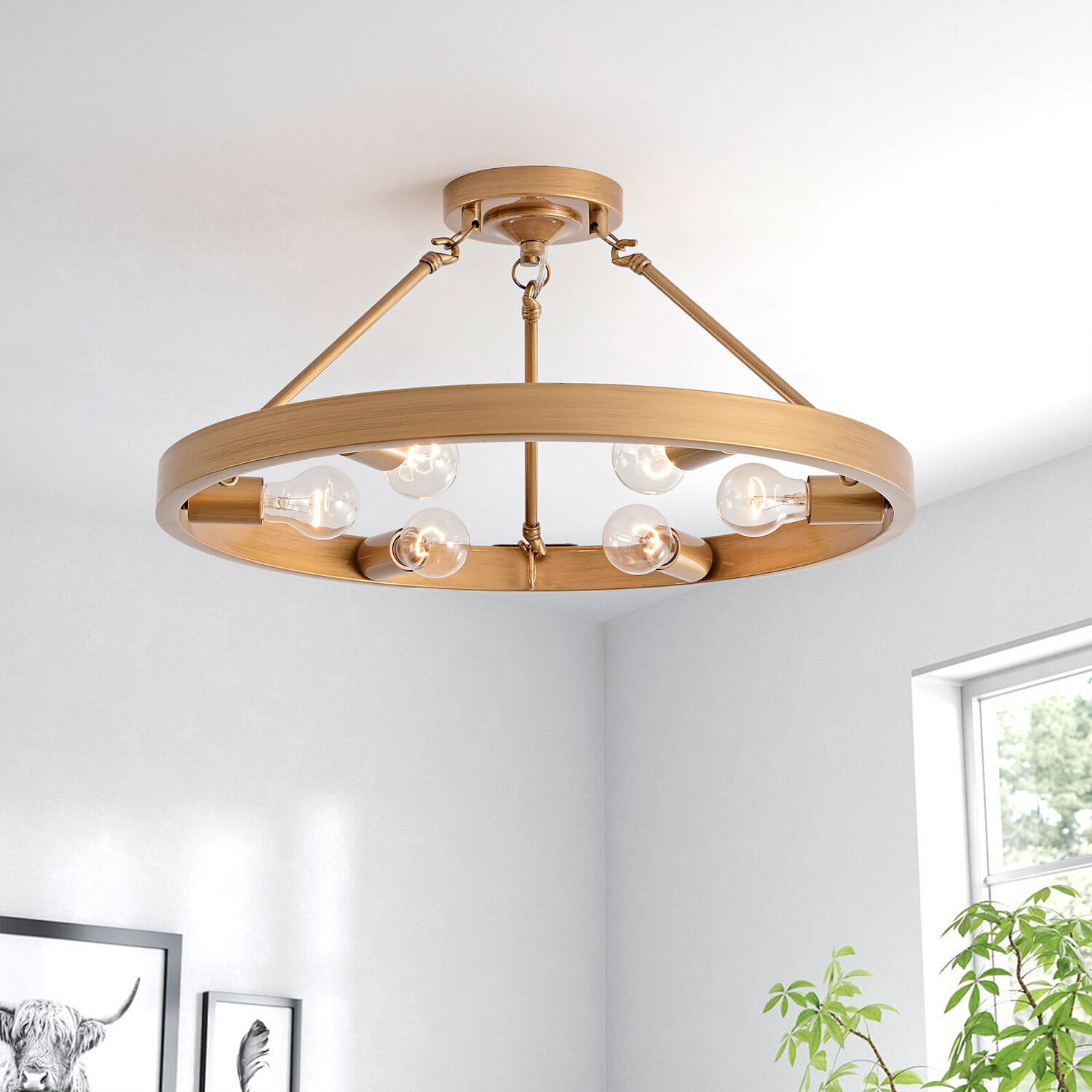 Abigail Wagon Wheel 6-Light Metal Round Rustic Semi-Flush Mount - Brushed Brass LJ-6336-VFVM Abigail Wagon Wheel 6-Light Metal Round Rustic Semi-Flush Mount - Brushed Brass LJ-6336-VFVM