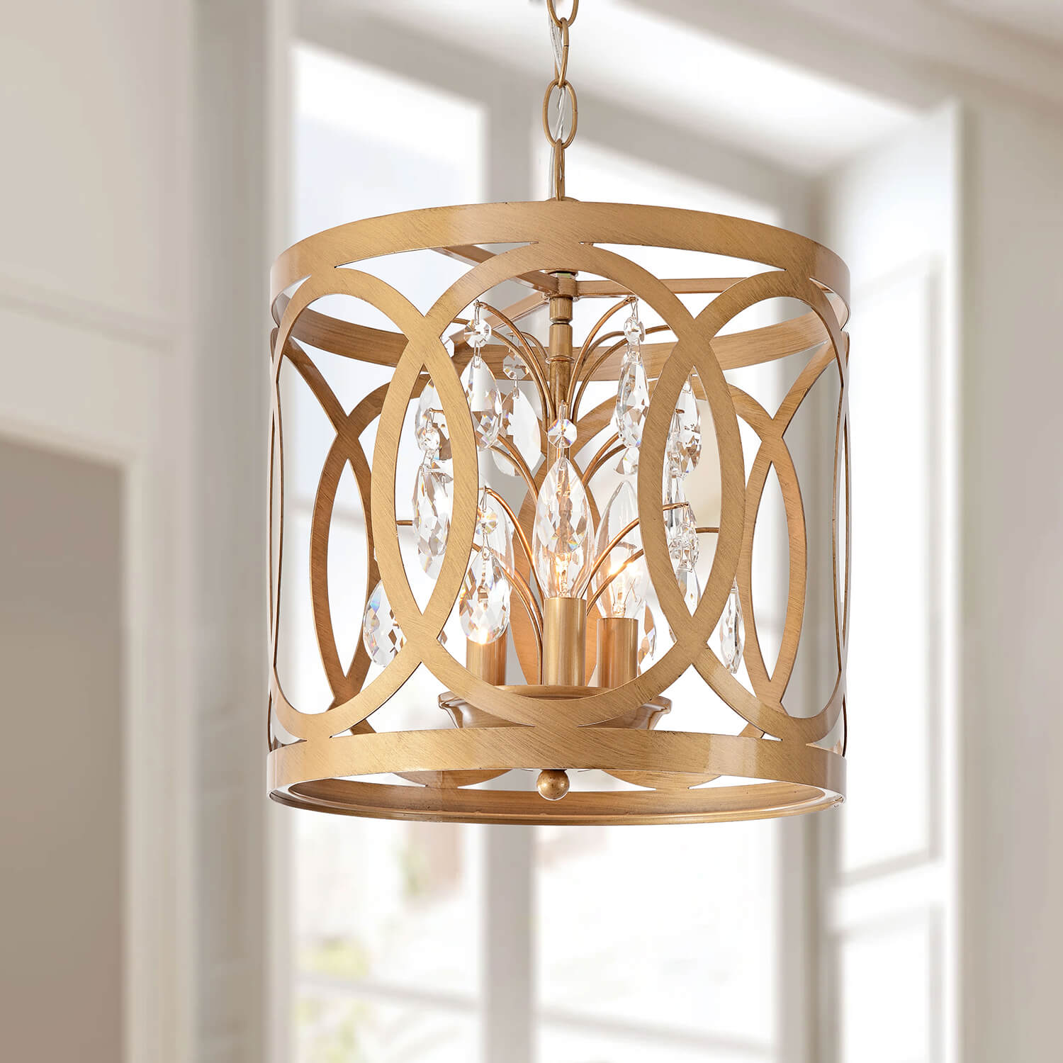 Aurelia 3-light Metal Cage Drum Chandelier - Brushed Brass LJ-6344-XXKB Aurelia 3-light Metal Cage Drum Chandelier - Brushed Brass LJ-6344-XXKB