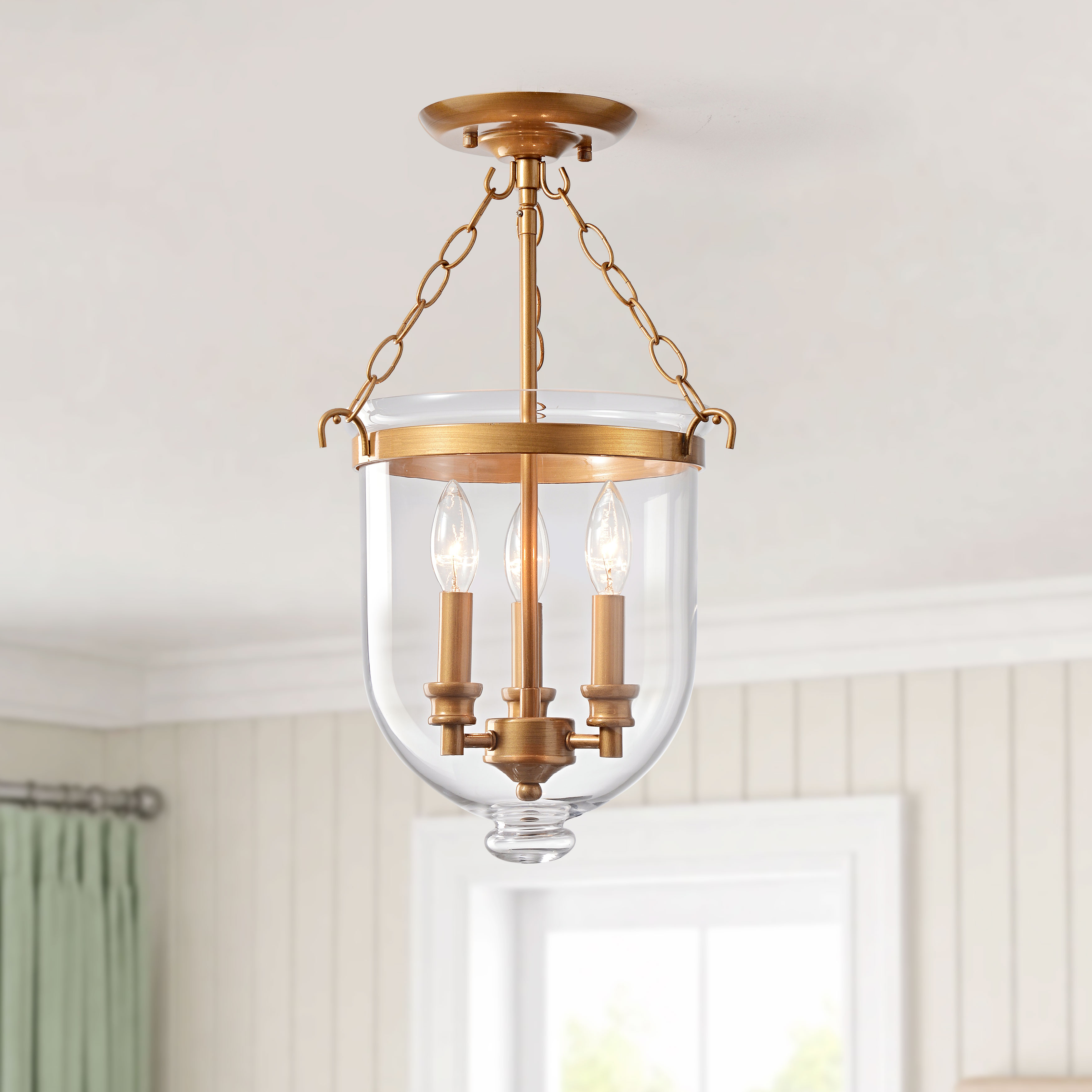 Copper Grove Clear Glass Lantern Flush Mount Chandelier - Brushed Brass LJ-6905-UMFJ Copper Grove Clear Glass Lantern Flush Mount Chandelier - Brushed Brass LJ-6905-UMFJ
