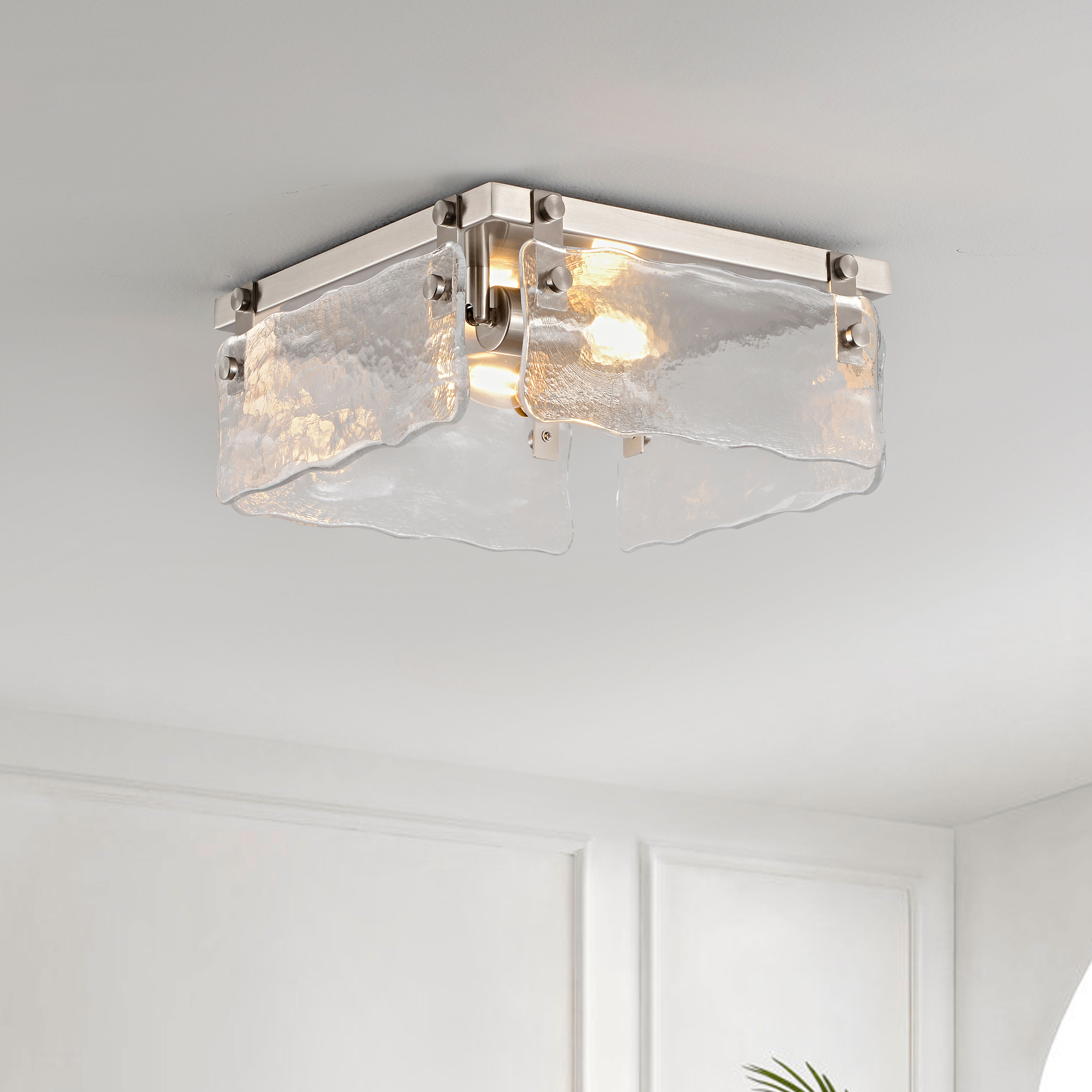 Laia 11.8" 2-light Hand Crafted Glass Square Flush Mount - Satin Nickel LJ-7057-FQRH Laia 11.8" 2-light Hand Crafted Glass Square Flush Mount - Satin Nickel LJ-7057-FQRH