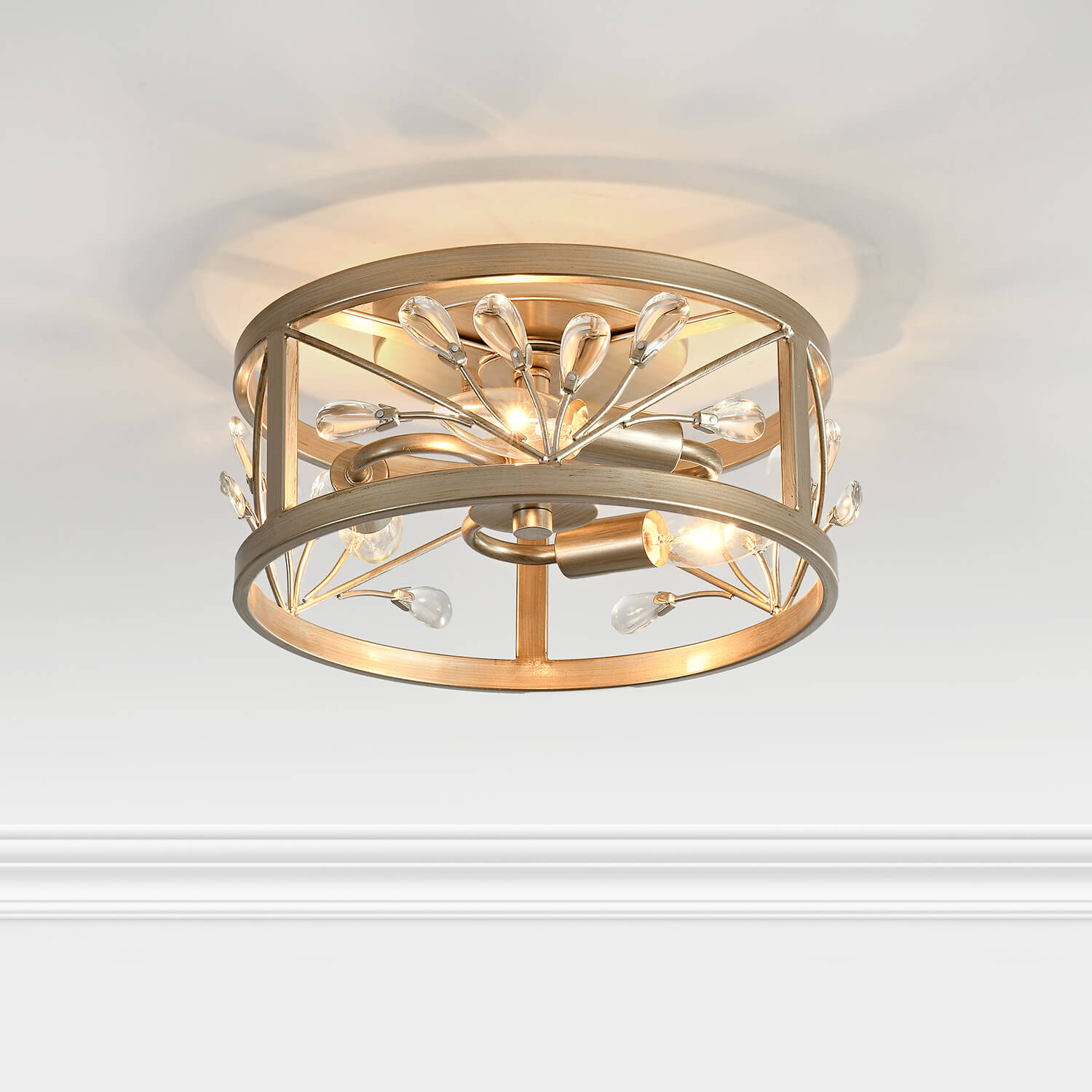 Adela 3-Light Brushed Champagne Silver Metal Cage Drum Flush Mount LJ-7730-XEP