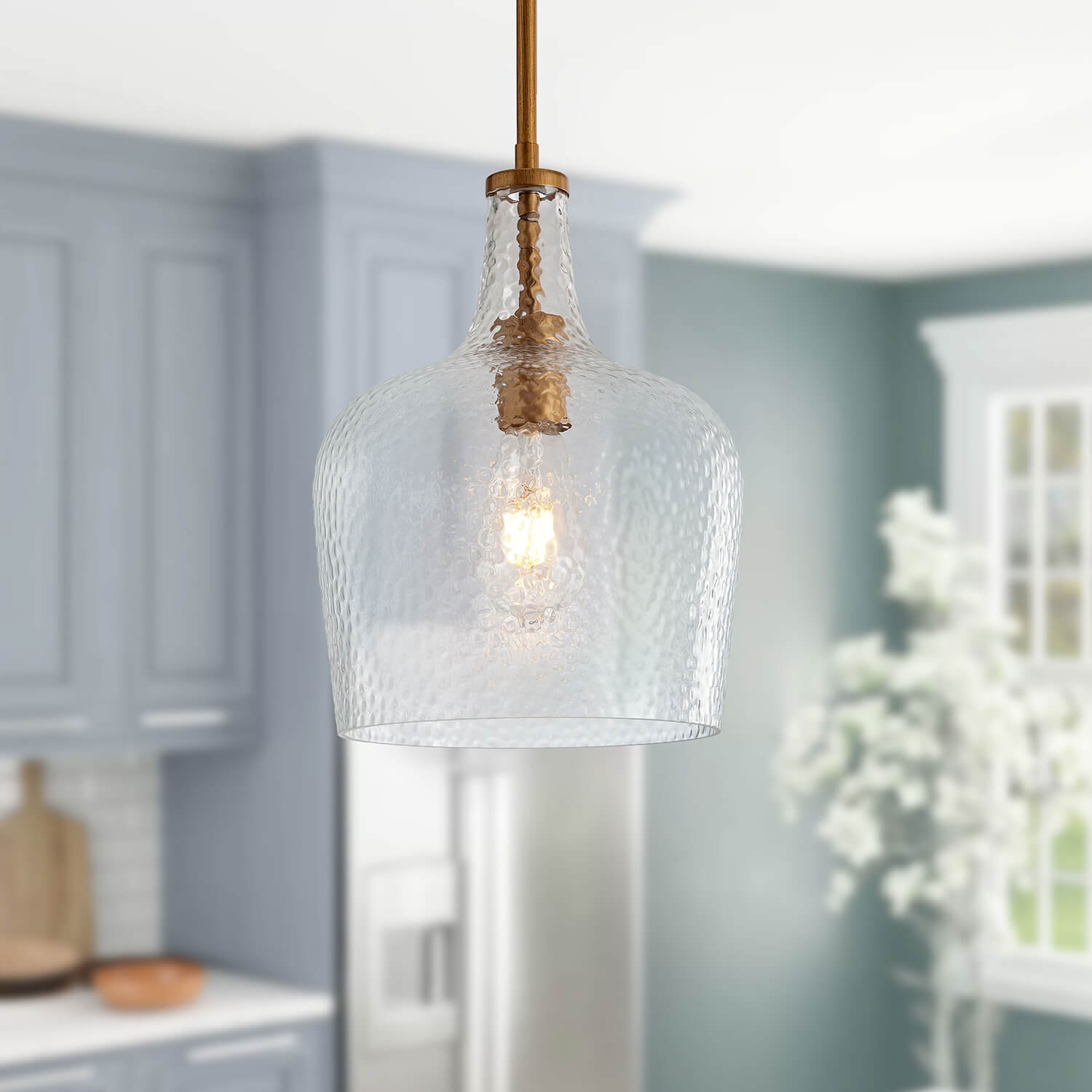 Belinda 1 Light Brushed Brass Mouth-blown Large Glass Pendant Chandelier LJ-7771-GPUW