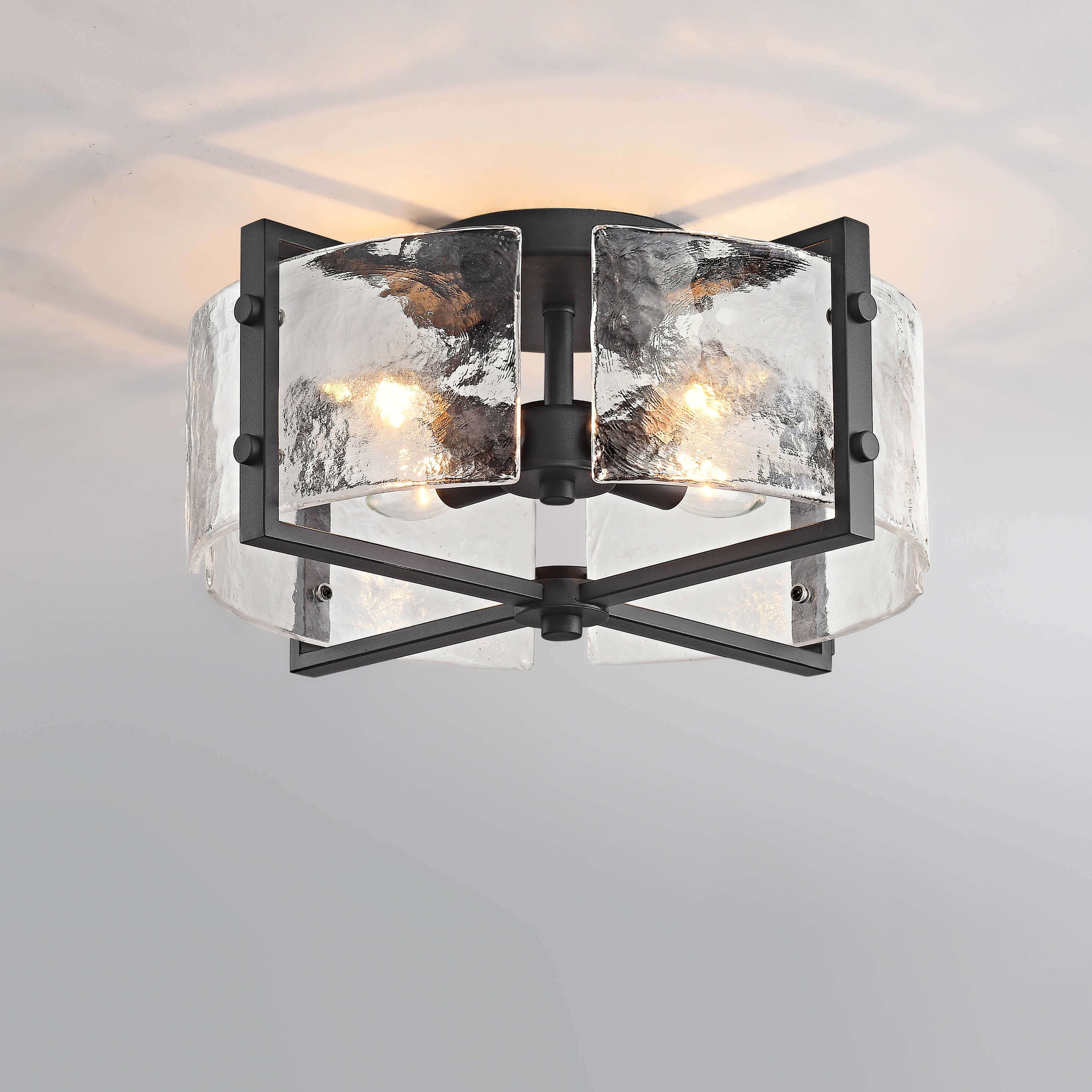 Blanca 4-Light Black Metal Frame Textured Glass Panels Flush Mount LJ-7938-UPS