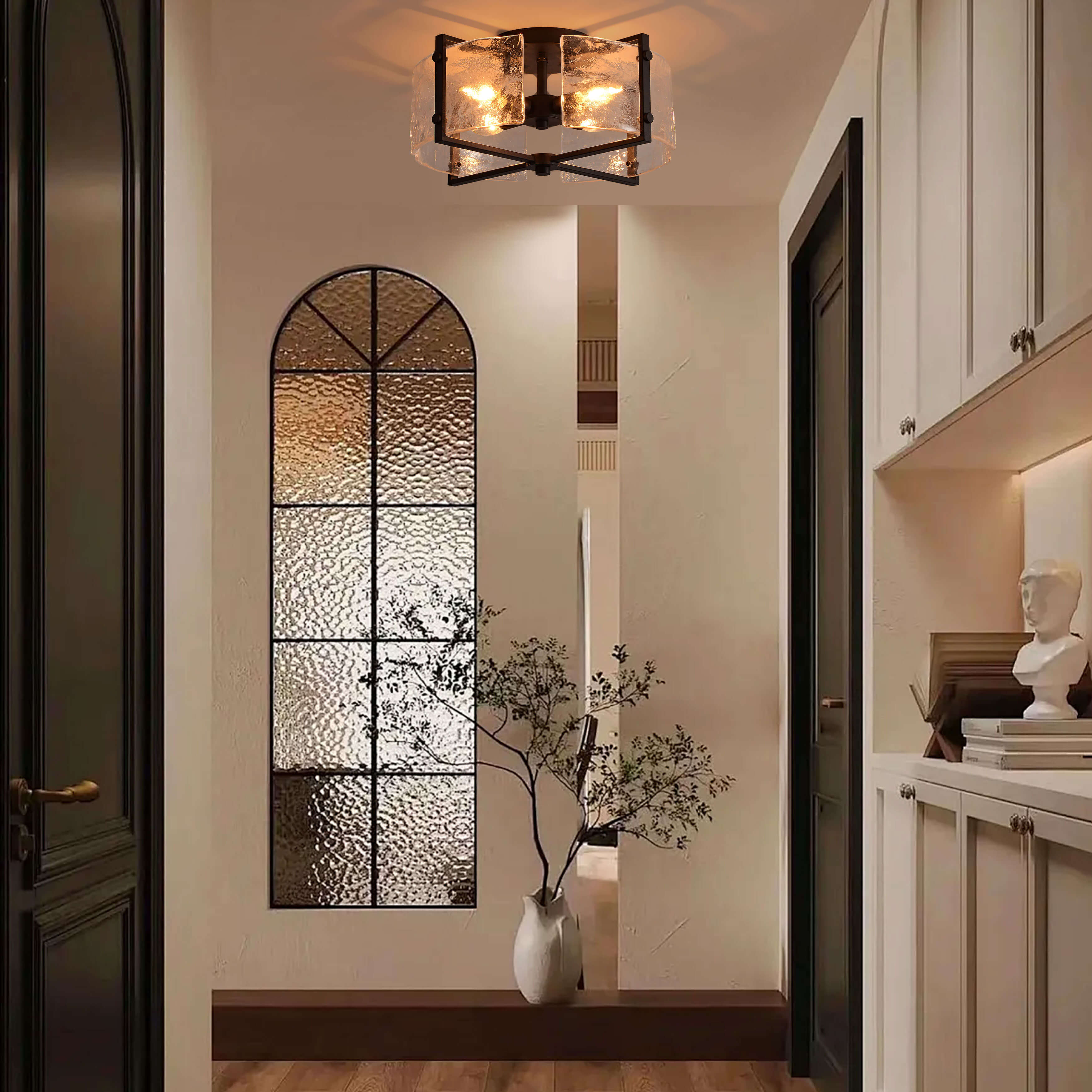 Blanca 4-Light Black Metal Frame Textured Glass Panels Flush Mount LJ-7938-UPS