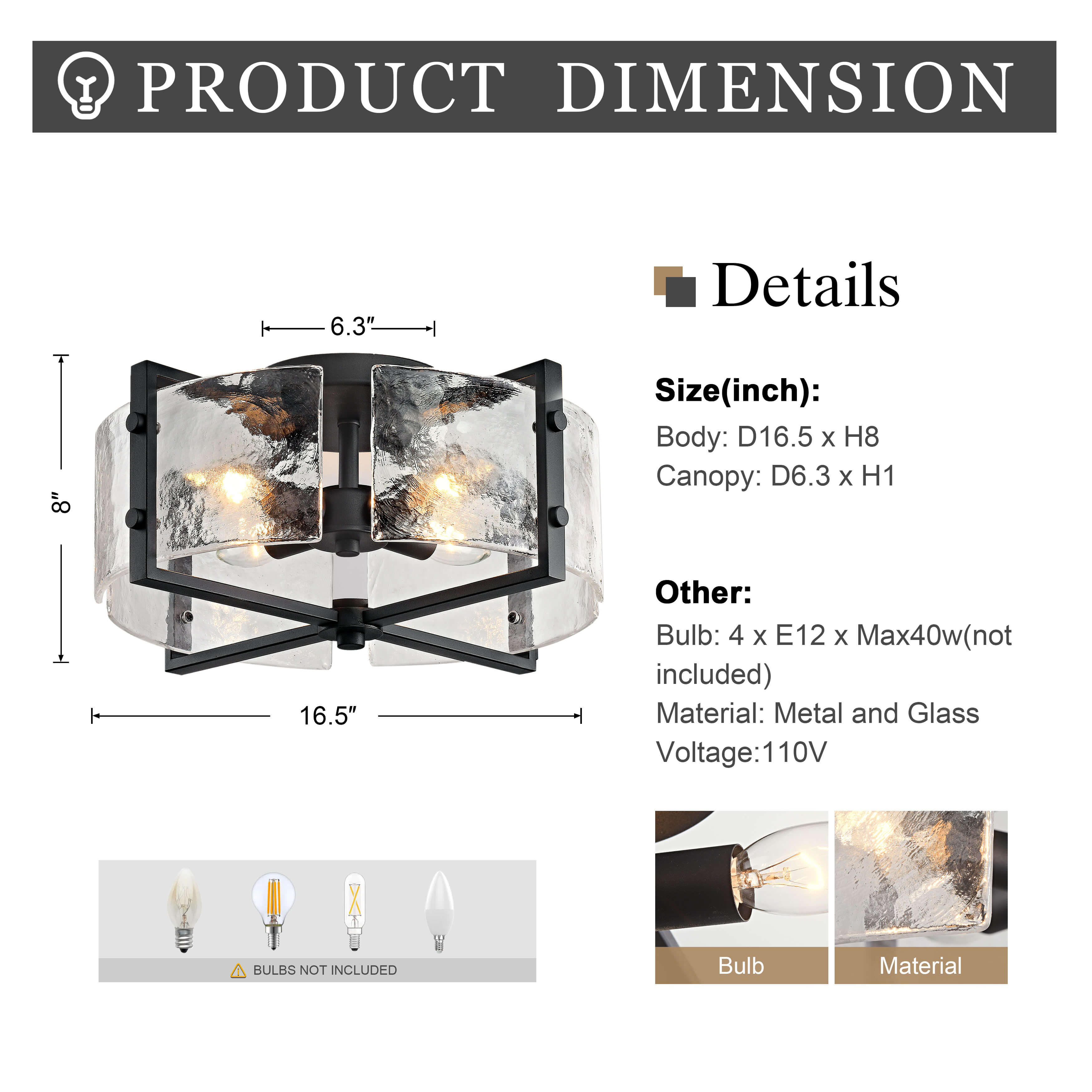 Blanca 4-Light Black Metal Frame Textured Glass Panels Flush Mount LJ-7938-UPS