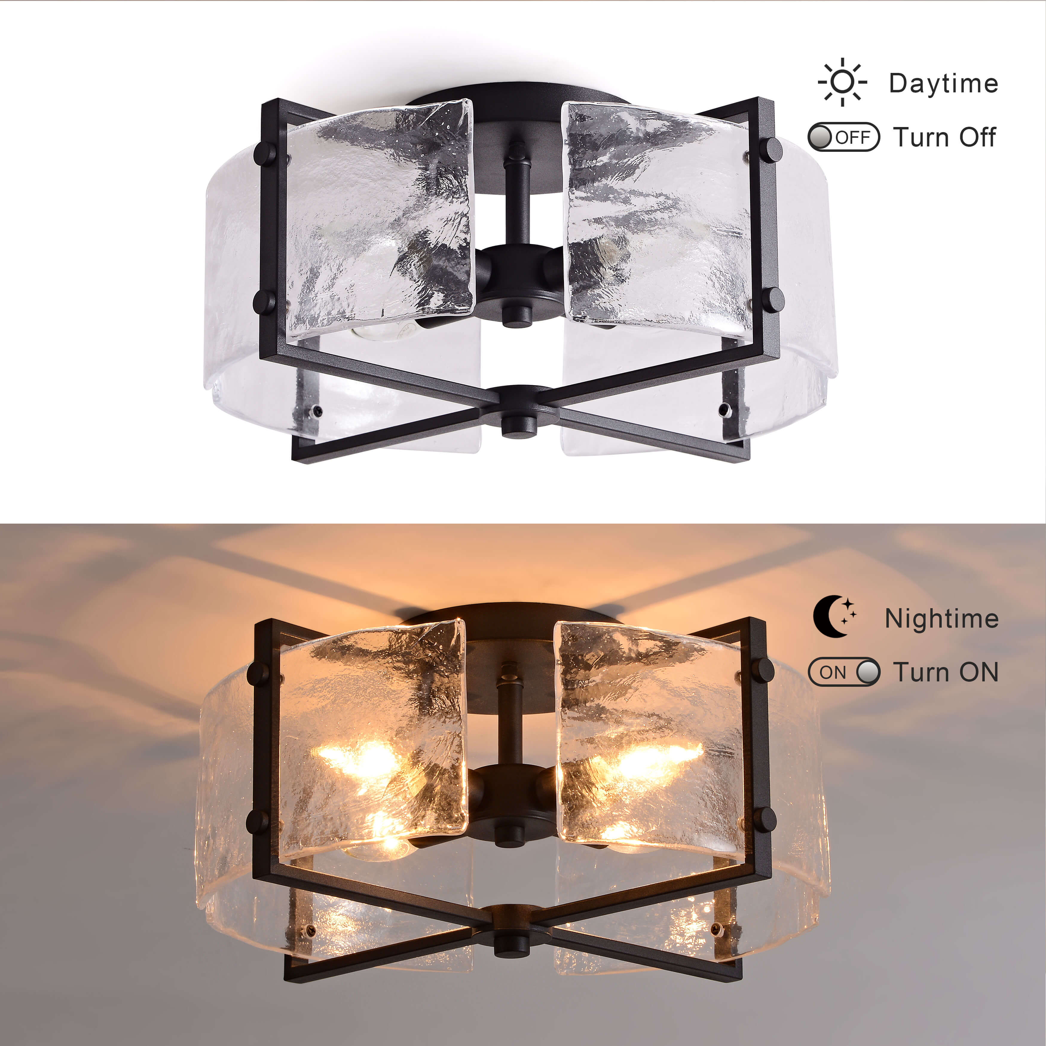 Blanca 4-Light Black Metal Frame Textured Glass Panels Flush Mount LJ-7938-UPS