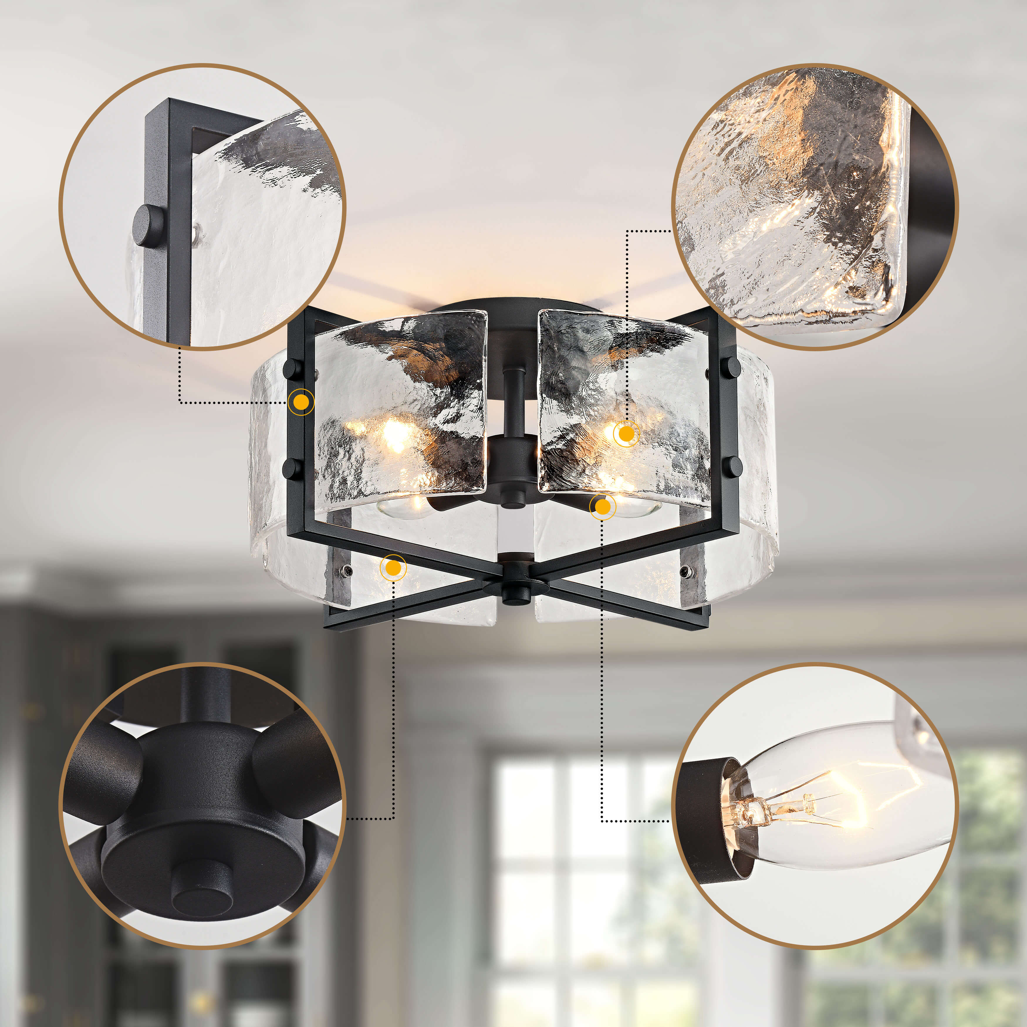 Blanca 4-Light Black Metal Frame Textured Glass Panels Flush Mount LJ-7938-UPS