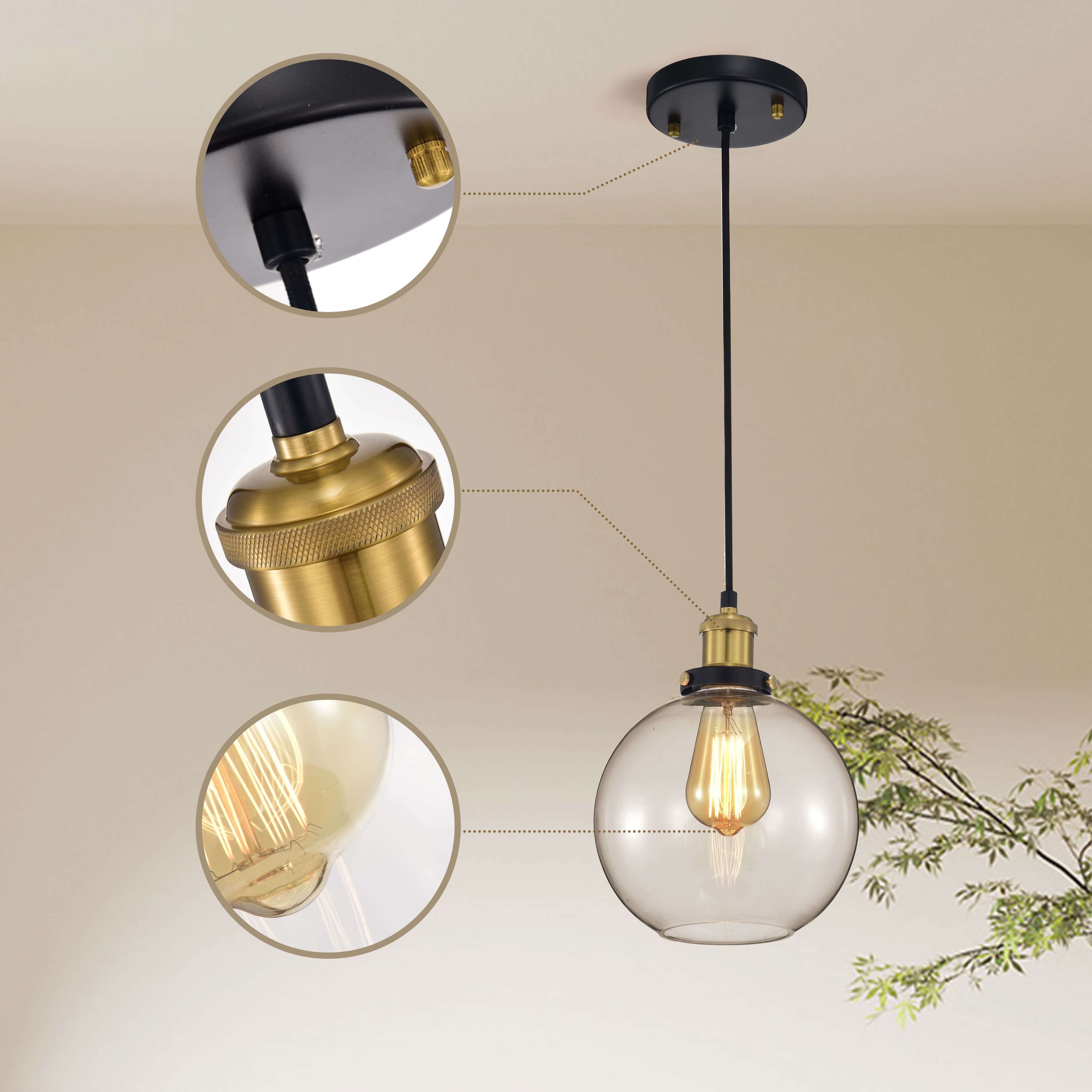 Alda 1 Light Antique Gold and Black Finish Pendant with Glass Globe LJ-8221-VYK