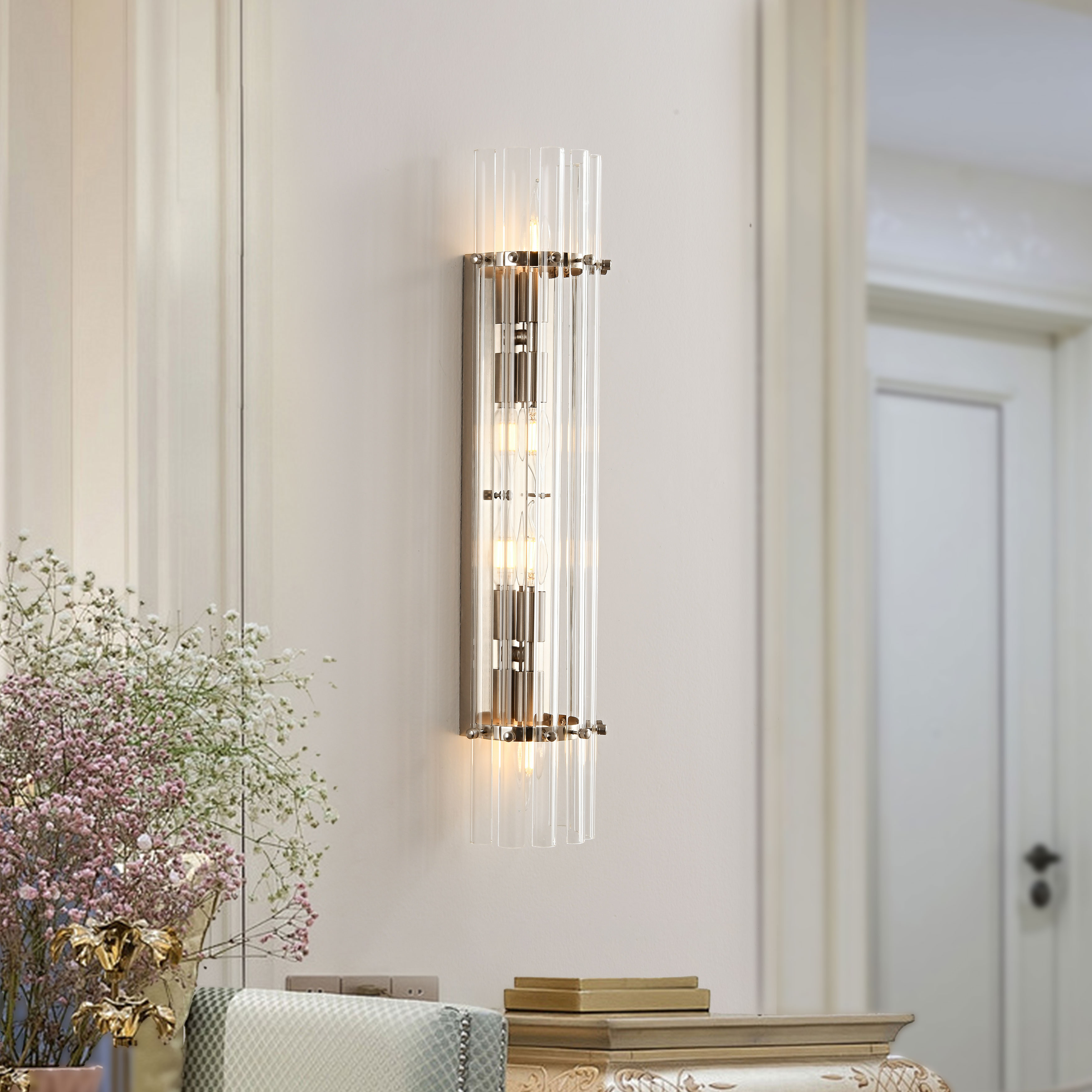 Casandra 4-Light Clear Crystal Glass Bar Wall Sconce - Satin Nickel LJ-8512-FRQA Casandra 4-Light Clear Crystal Glass Bar Wall Sconce - Satin Nickel LJ-8512-FRQA