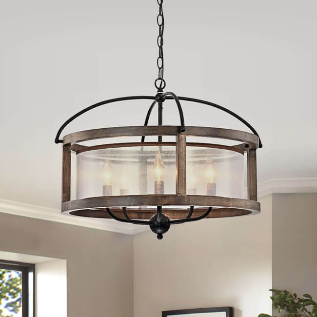 Alina Antique Black Metal Fabric Drum Shade Wood Frame Chandelier LJ-9564-RKS