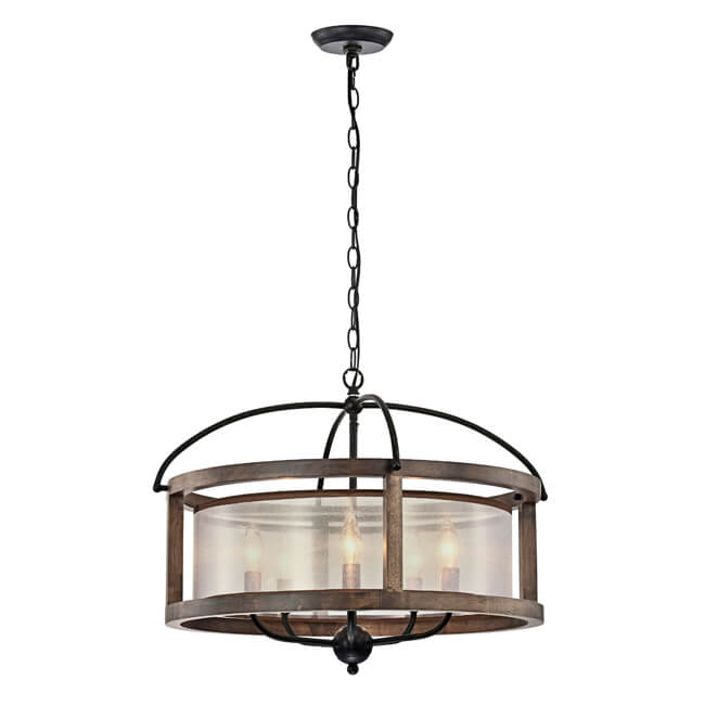 Alina Antique Black Metal Fabric Drum Shade Wood Frame Chandelier LJ-9564-RKS