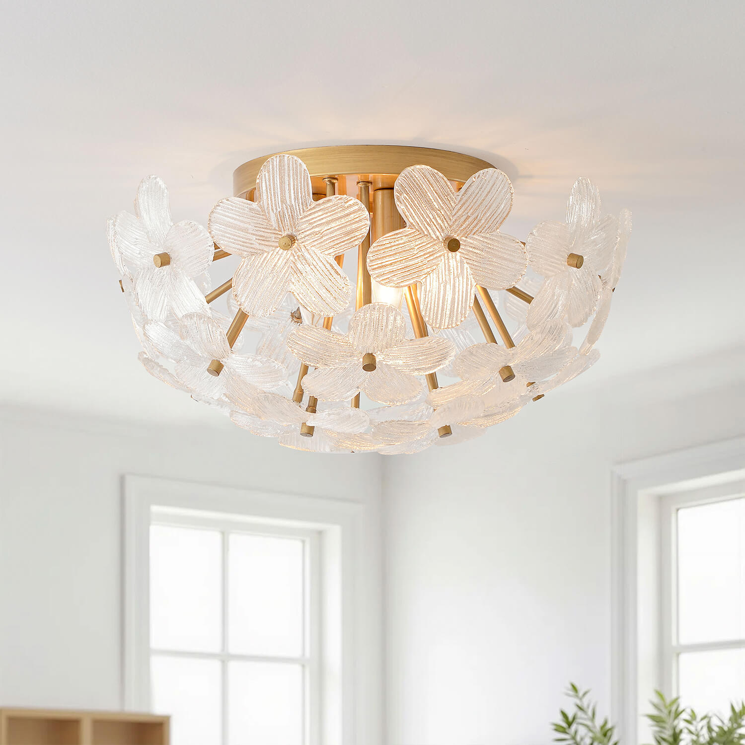 Frieda Modern 5-Light 20" Brushed Brass Clear Glass Flower Flush Mount LJ-9743-QDQW Frieda Modern 5-Light 20" Brushed Brass Clear Glass Flower Flush Mount LJ-9743-QDQW