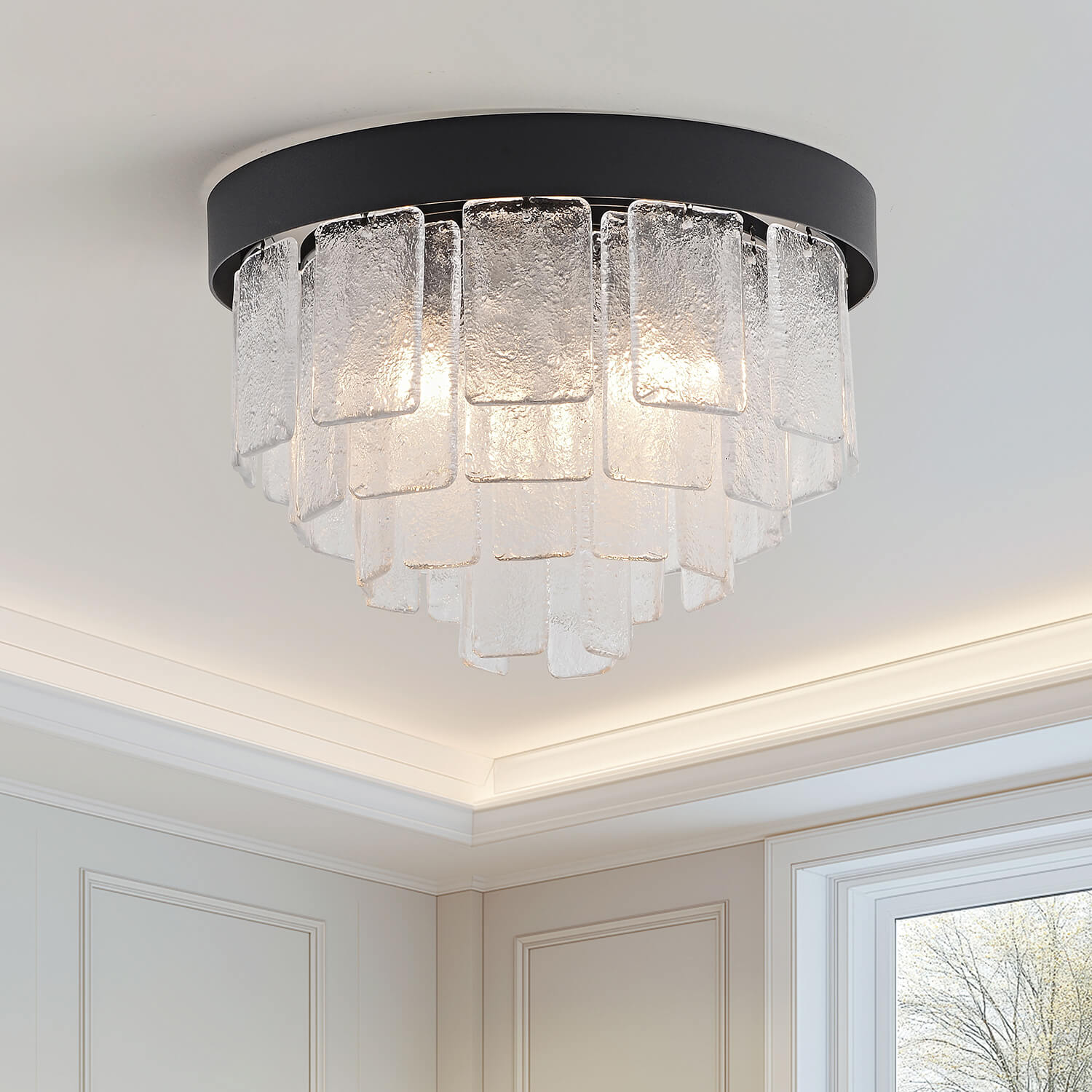 Audrey Matte Black 3-Light Tiered Clear Glass Panel Round Flush Mount LJ-9773-RMFS Audrey Matte Black 3-Light Tiered Clear Glass Panel Round Flush Mount LJ-9773-RMFS